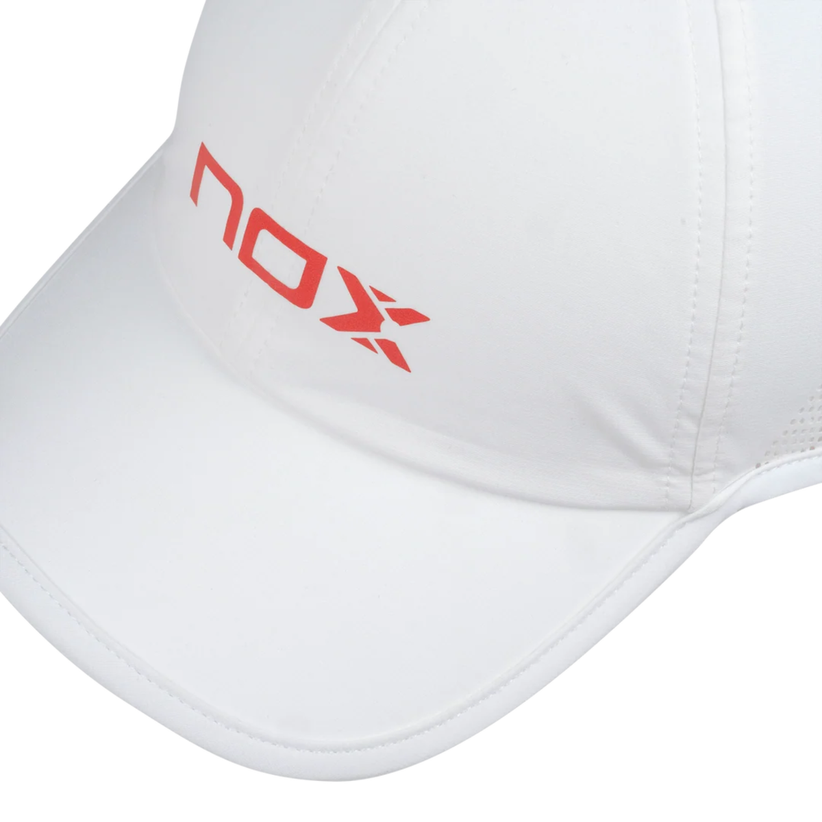 Close-up view of the white NOX cap showing the red NOX logo and curved brim.