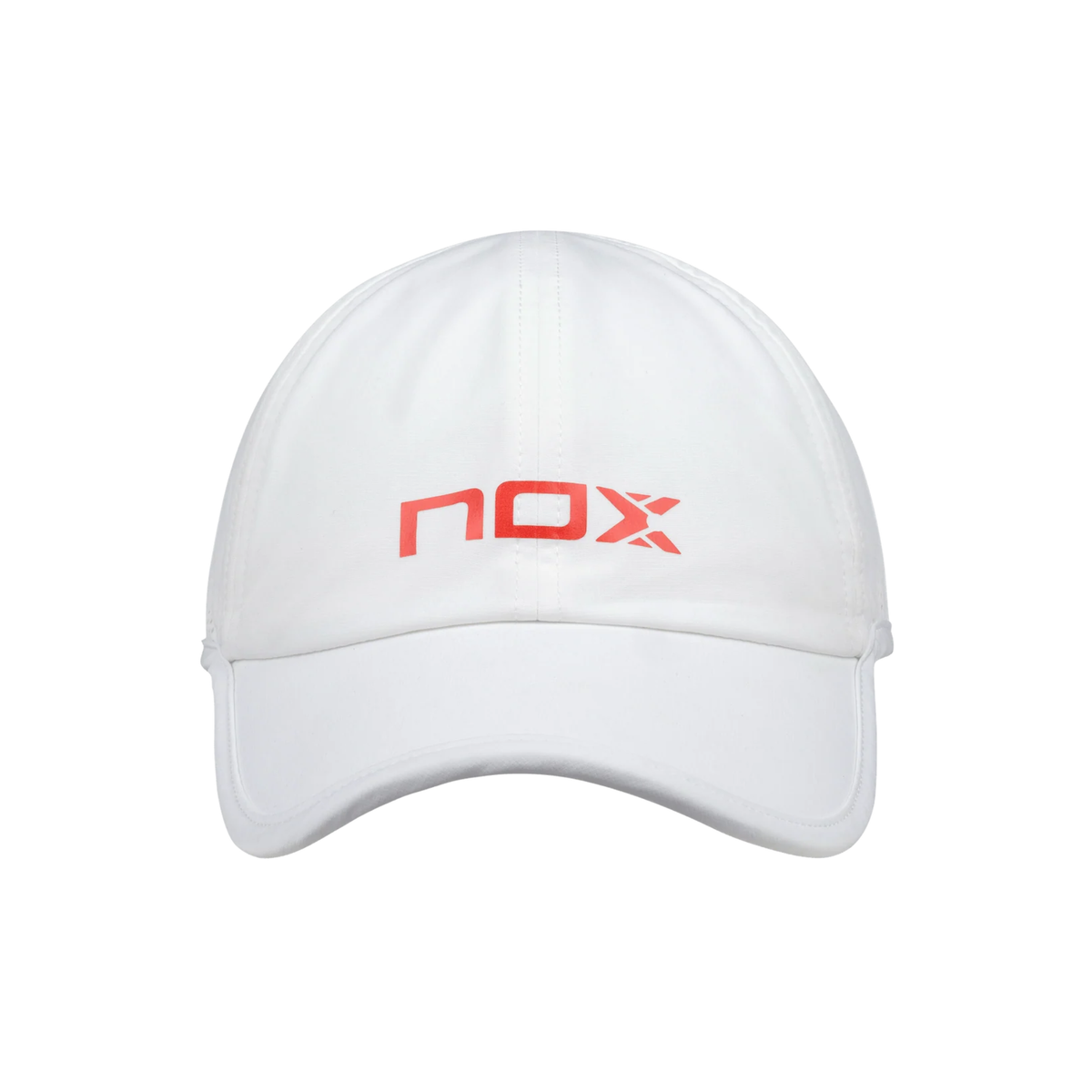Front view of the white NOX cap with red NOX logo.