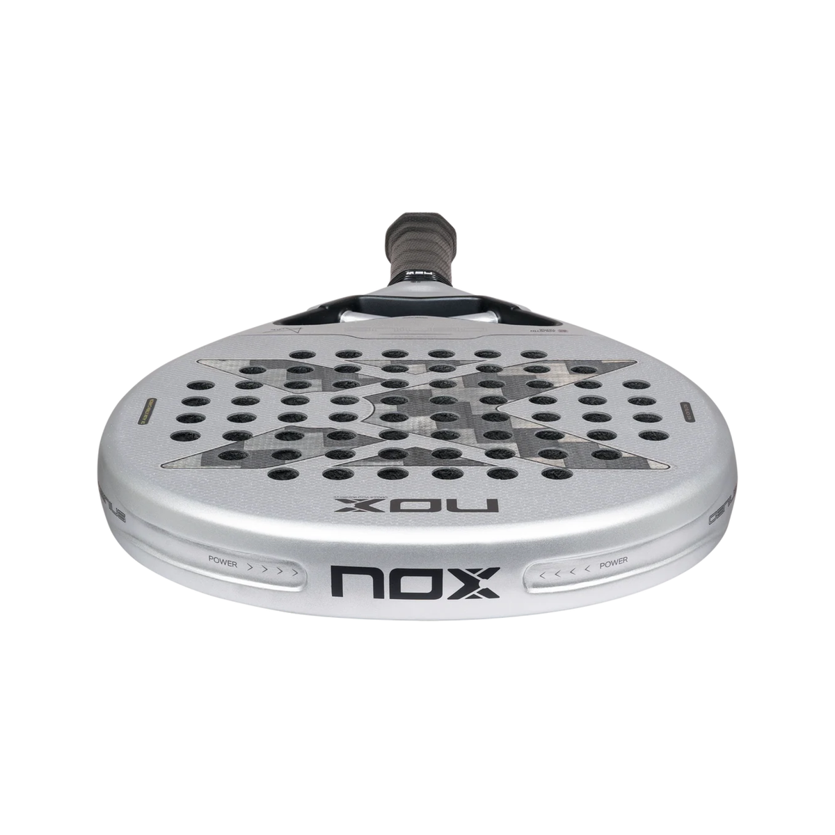 Bottom perspective view of the Nox AT10 GENIUS 12K ALUM Xtreme 2027 padel racket showing the racket face and frame details.