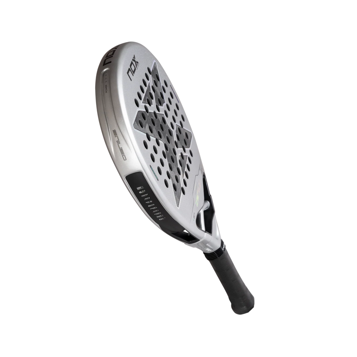Dynamic angled view of the Nox AT10 GENIUS 12K ALUM Xtreme 2027 padel racket on a light background.