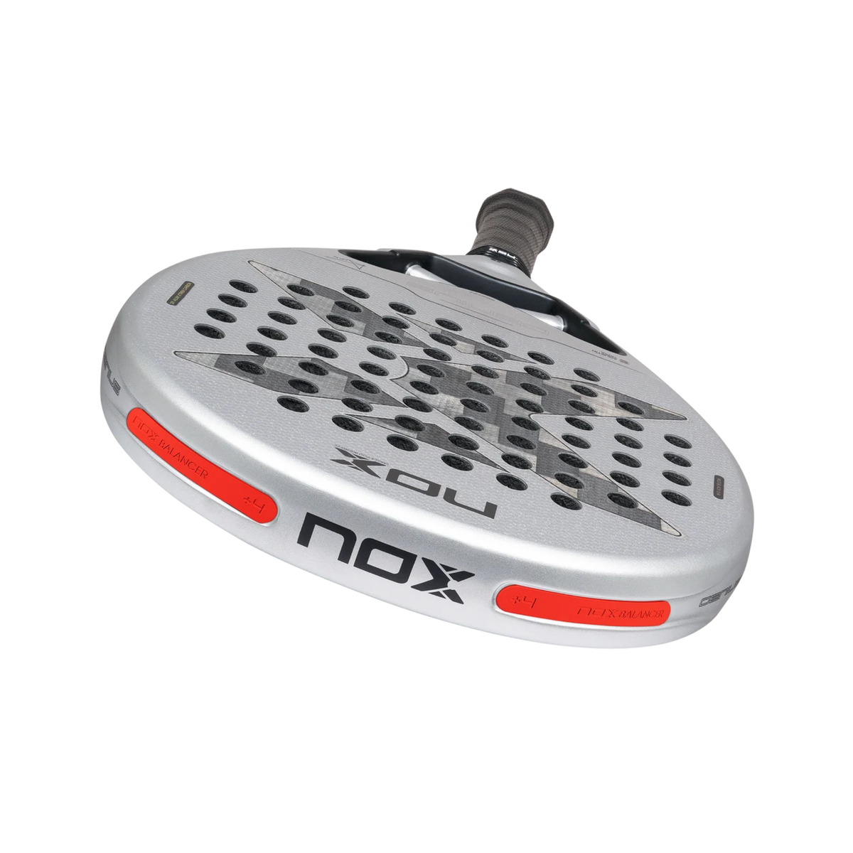 Close-up of the side and frame of the Nox AT10 GENIUS 12K ALUM Xtreme 2027 showing the EOS Tunnel openings integrated into the racket for improved aerodynamics and manoeuvrability.