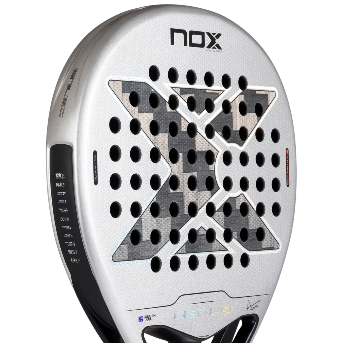 Close-up of the racket face of the Nox AT10 GENIUS 12K ALUM Xtreme 2027 showing the surface pattern and drilling.