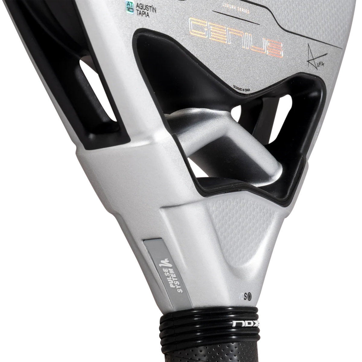 Side close-up of the throat and frame detail of the Nox AT10 GENIUS 12K ALUM Xtreme 2027 padel racket.