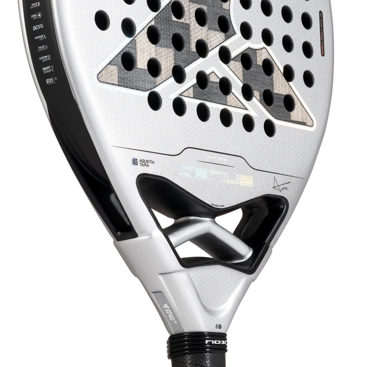Close-up of the throat area of the Nox AT10 GENIUS 12K ALUM Xtreme 2027 padel racket showing the GENIUS branding and frame structure.