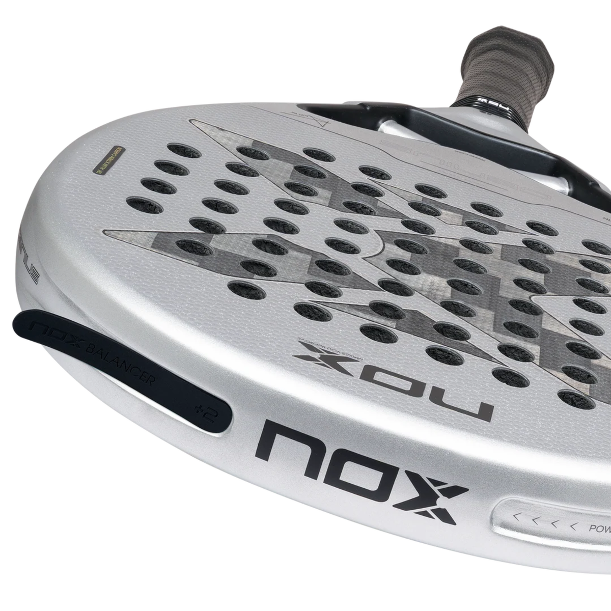 Close-up of the lower frame, throat and handle of the Nox AT10 GENIUS 12K ALUM Xtreme 2027 showing the VCS vibration control system around the handle area of the racket.