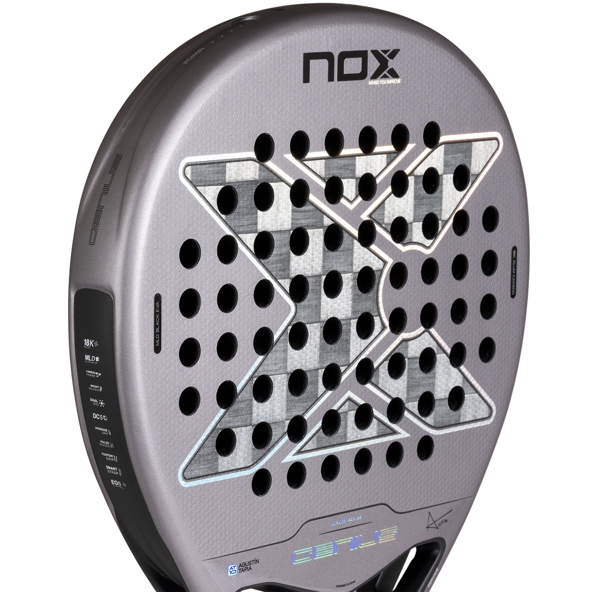Angled close-up of the Nox AT10 GENIUS 18K ALUM 2027 padel racket, showing the silver X design, black holes and frame details.