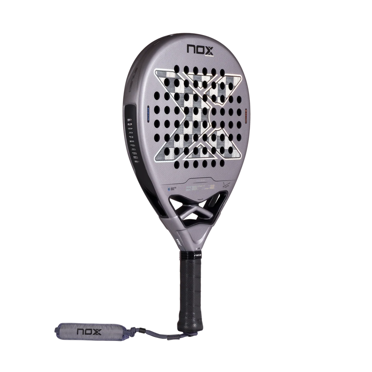Angled front view of the Nox AT10 GENIUS 18K ALUM 2027 padel racket, showing the metallic grey finish, silver face pattern, black bridge and wrist strap.