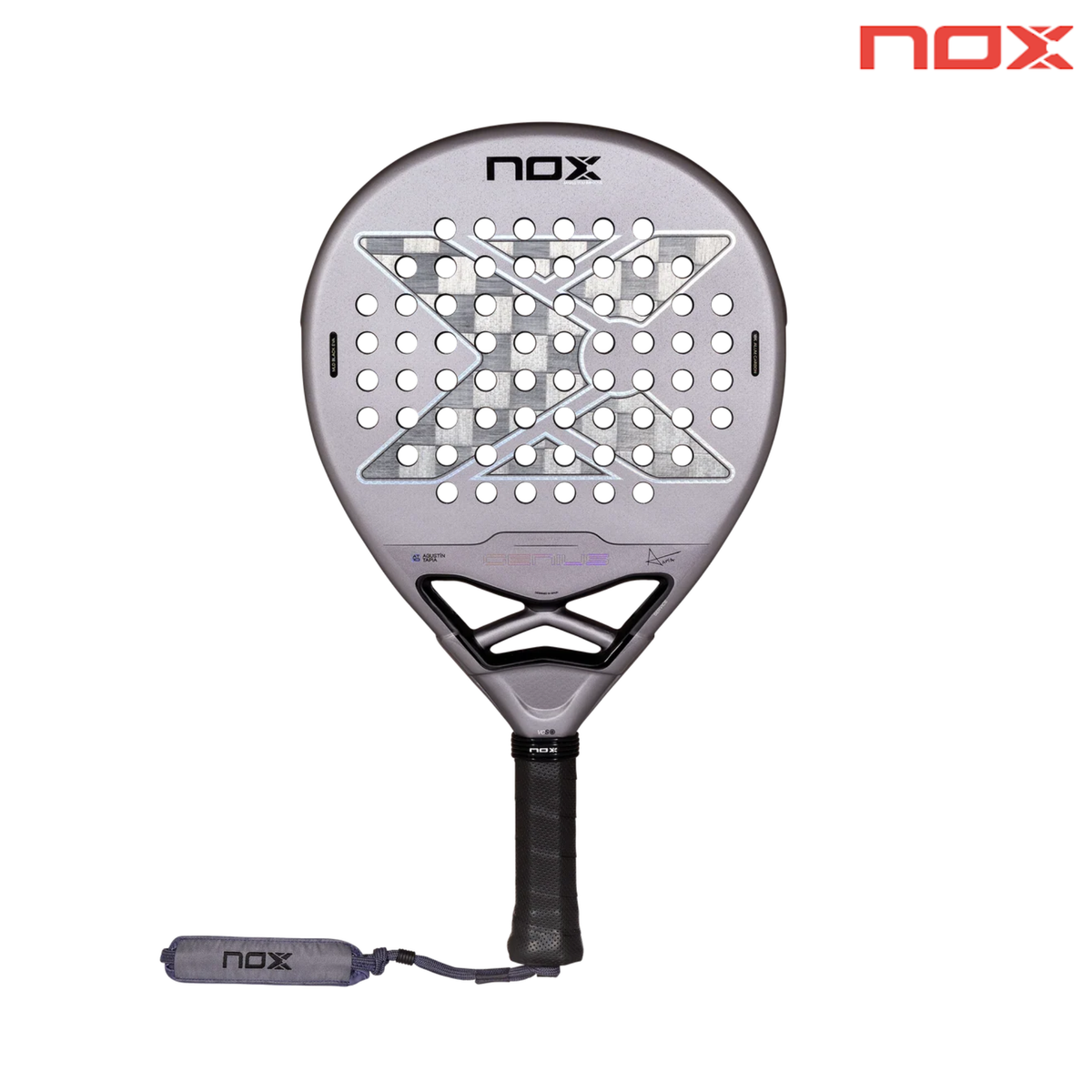 Front view of the Nox AT10 GENIUS 18K ALUM 2027 padel racket in metallic grey with silver details, black handle and wrist strap, with the Nox logo in the top right corner.