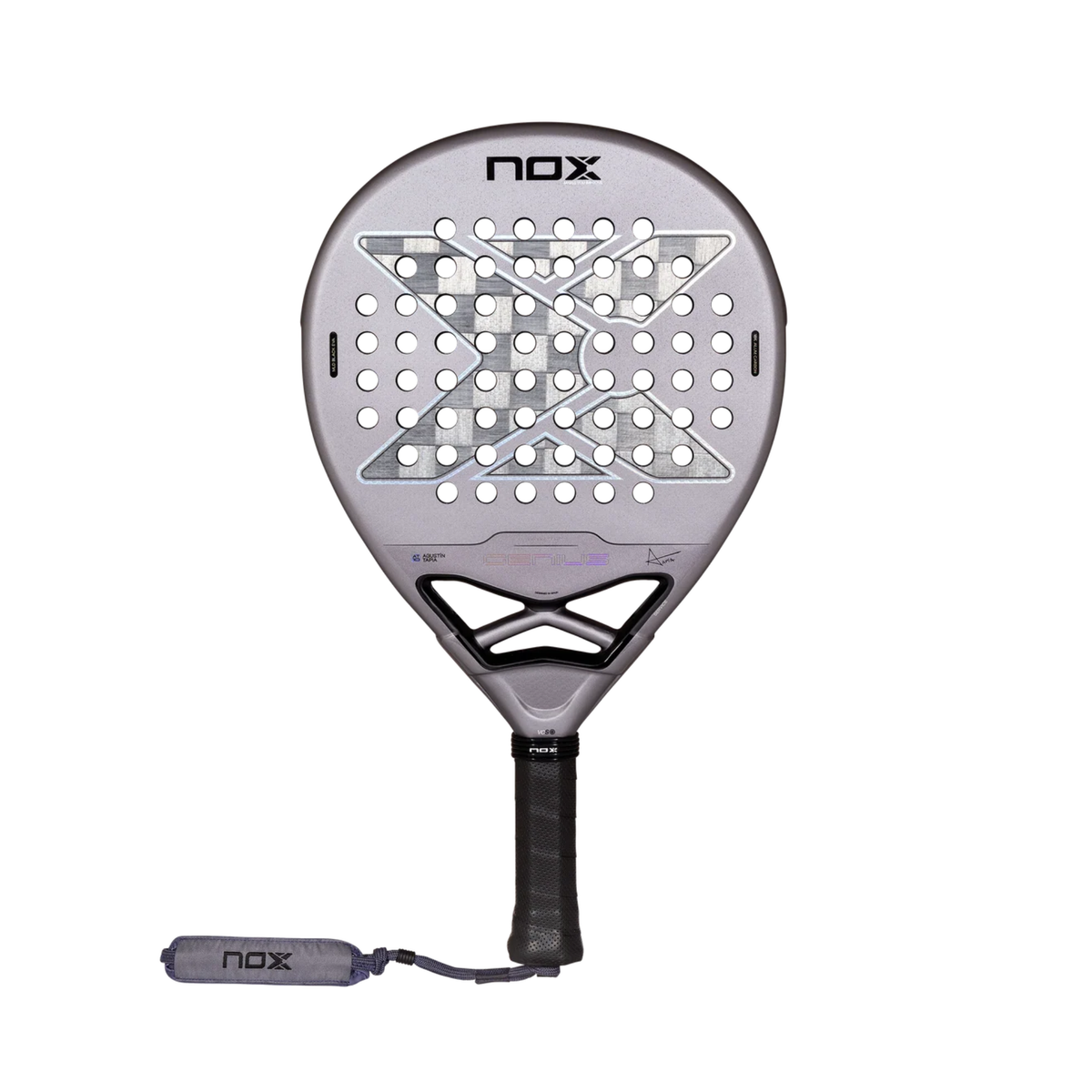 Front view of the Nox AT10 GENIUS 18K ALUM 2027 padel racket, showing the metallic grey face, silver X design, perforations, black bridge and black grip.