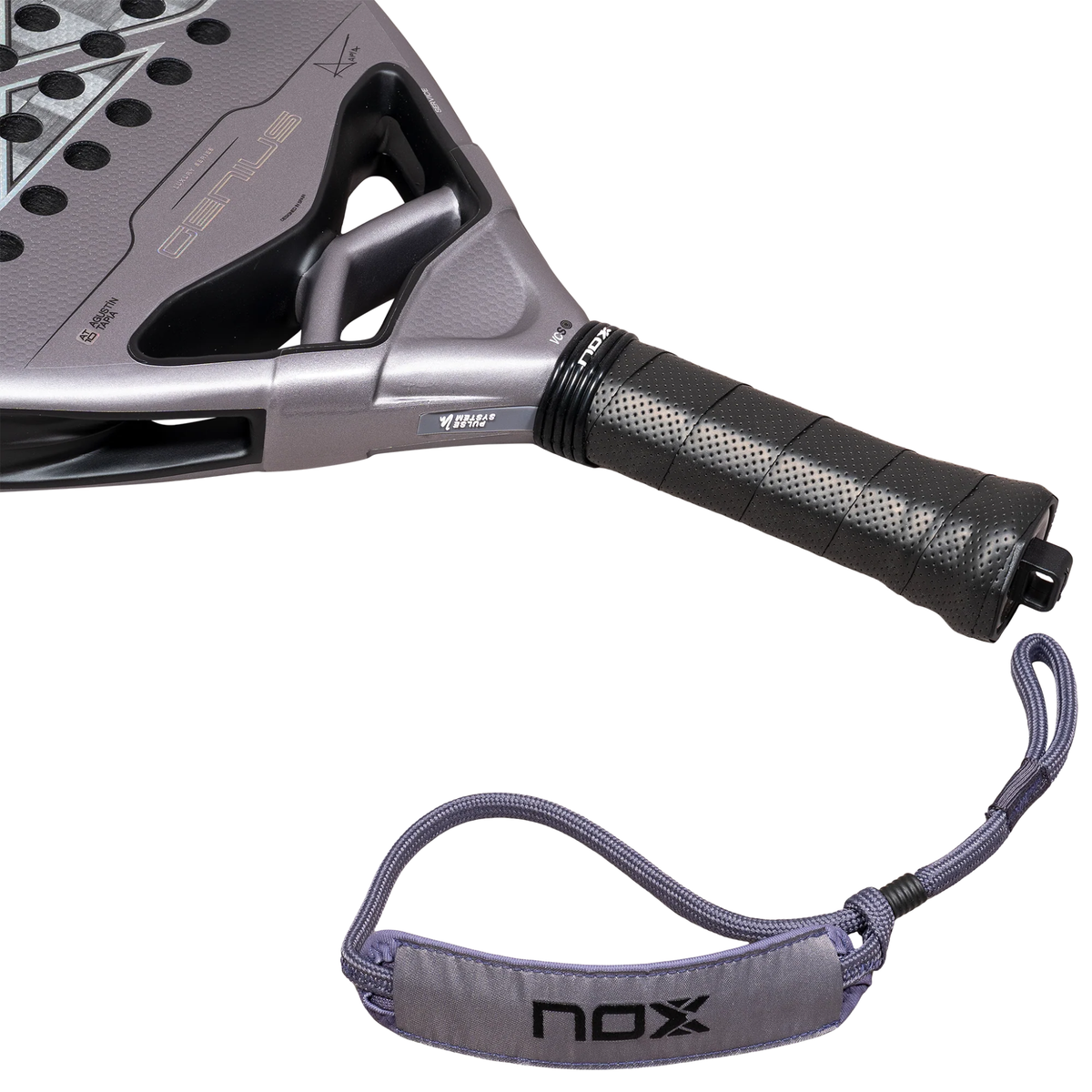 Low angle view of the Nox AT10 GENIUS 18K ALUM 2027 showing the racket face and the red Nox Balancer inserts on the frame edge.