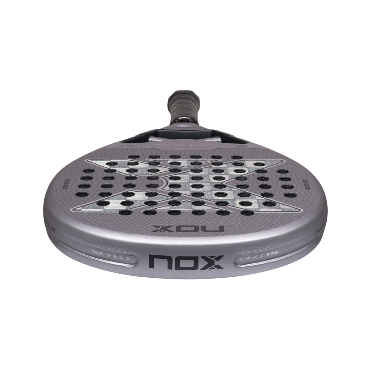 Low angle view of the Nox AT10 GENIUS 18K ALUM 2027, highlighting the metallic grey face, silver X pattern and perforated surface.