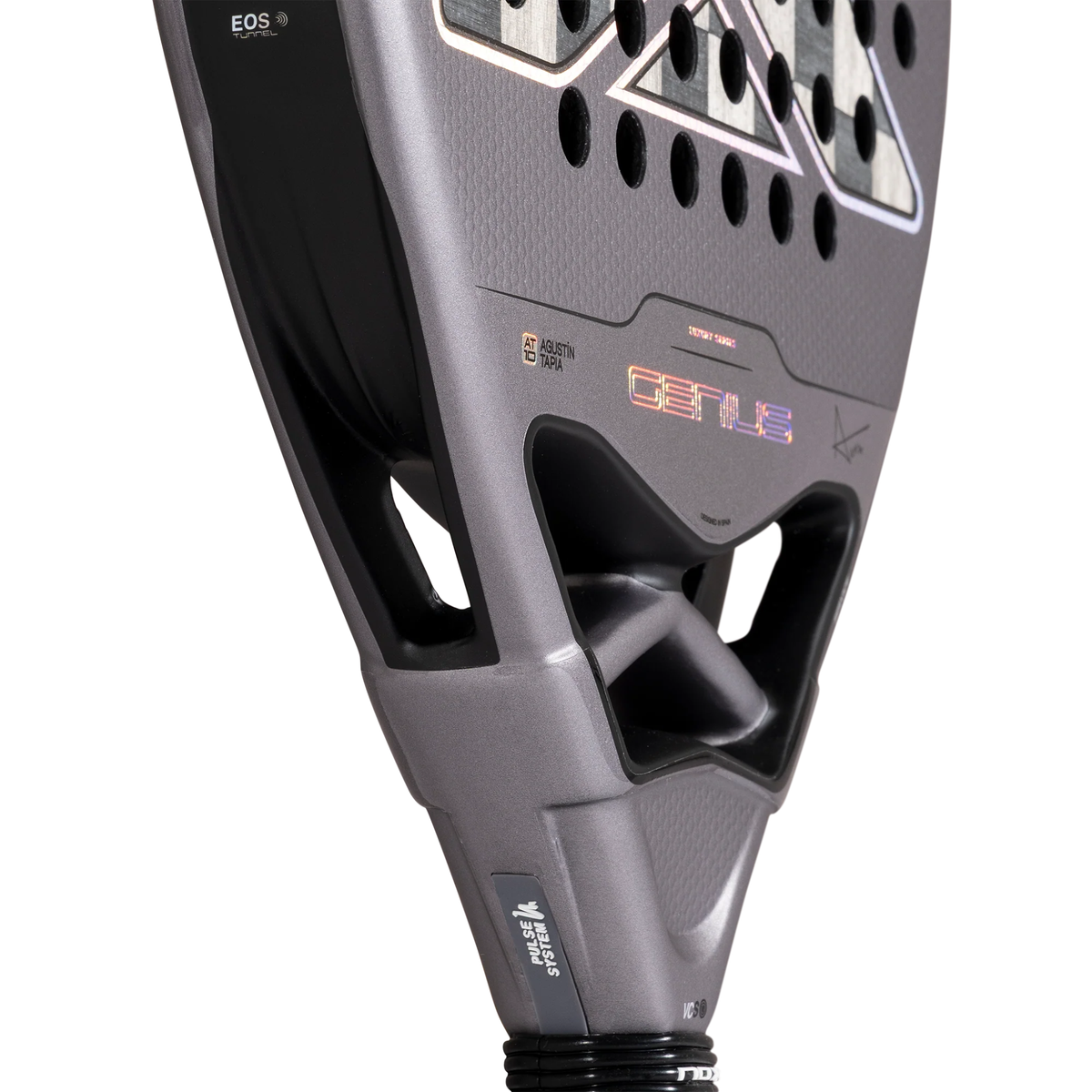 Close-up of the Nox AT10 GENIUS 18K ALUM 2027 throat area, showing the black bridge, Pulse System detail and metallic grey frame.