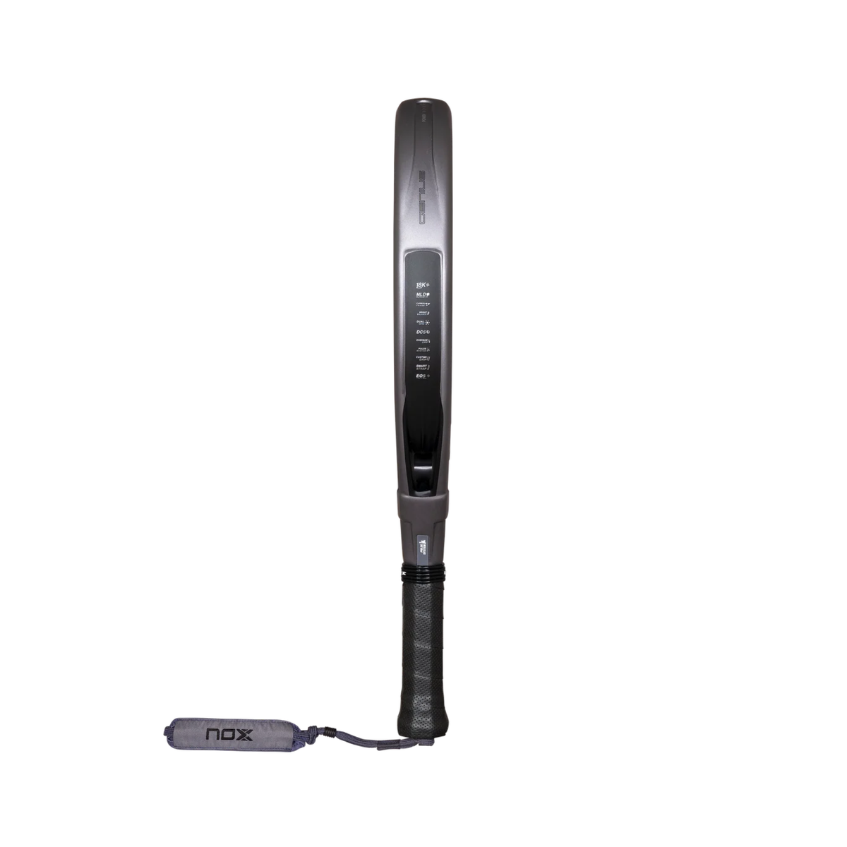 Side profile of the Nox AT10 GENIUS 18K ALUM 2027 padel racket, showing the frame thickness, black grip and wrist strap.