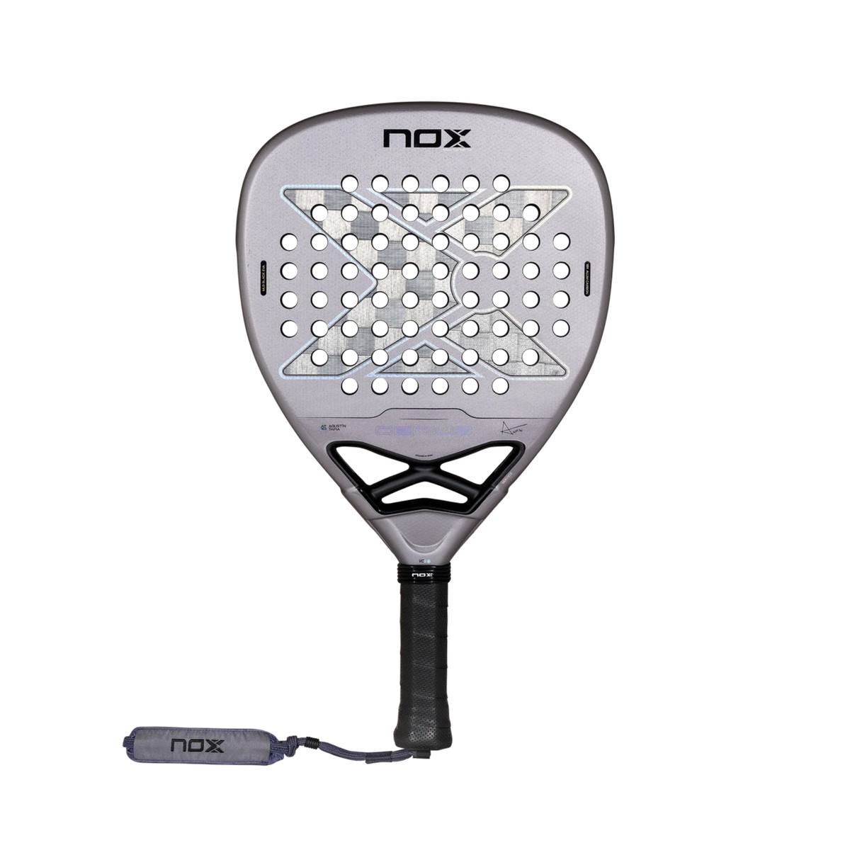 Front view of the Nox AT10 GENIUS ATTACK 18K ALUM 2027 padel racket, showing the metallic grey face, silver X design, perforations, black bridge and black grip.