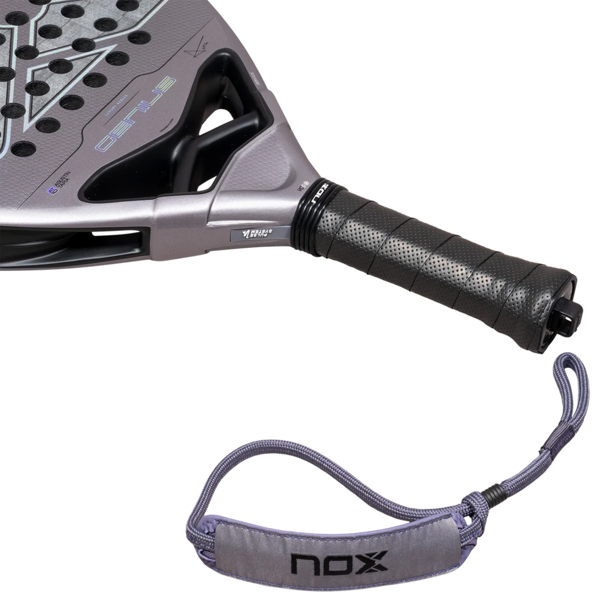 Close-up of the black grip and grey Nox wrist strap on the Nox AT10 GENIUS ATTACK 18K ALUM 2027 padel racket.