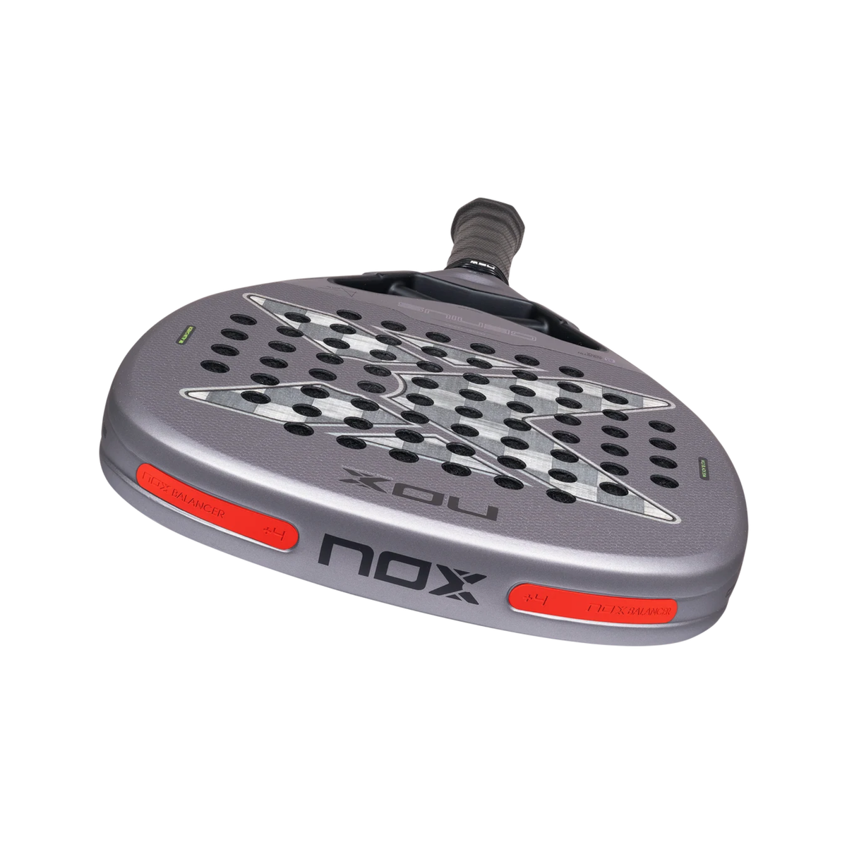 Low angle view of the Nox AT10 GENIUS ATTACK 18K ALUM 2027, showing the metallic grey face, black perforations and frame profile.