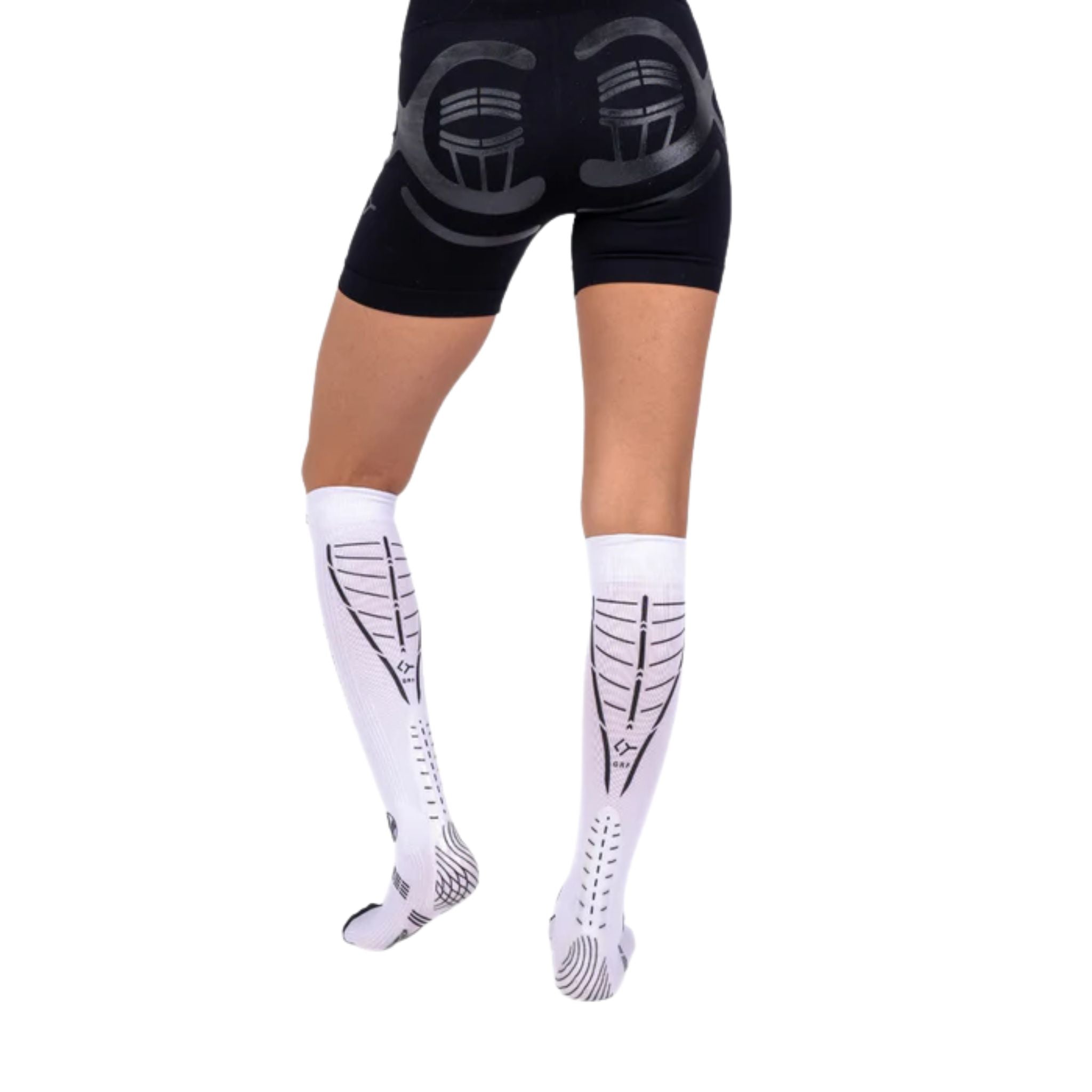 Pair of Floky GRF Long Compression Grip Socks White displayed side by side, showcasing knee-high length, grip technology, and premium athletic design.