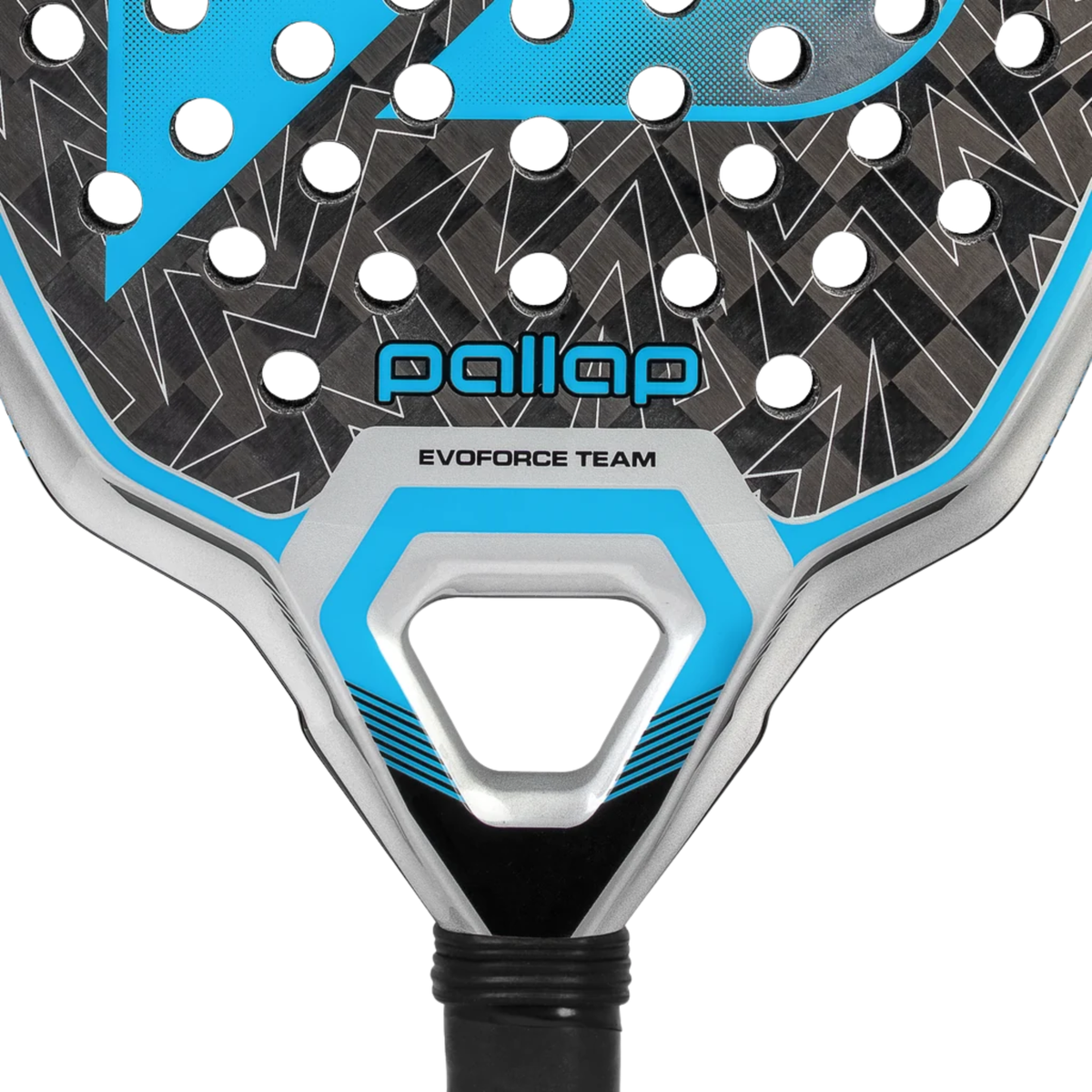 Close-up of the Pallap Evoforce Team Silver Blue padel racket showing the bridge and lower racket face.