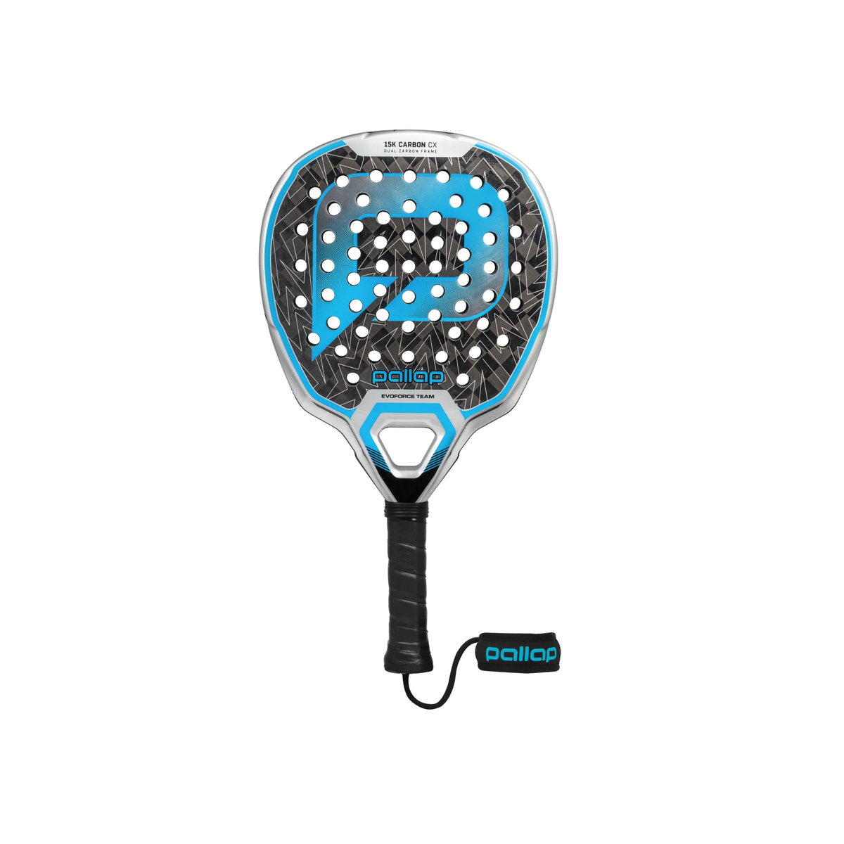 Front view of the Pallap Evoforce Team Silver Blue padel racket.