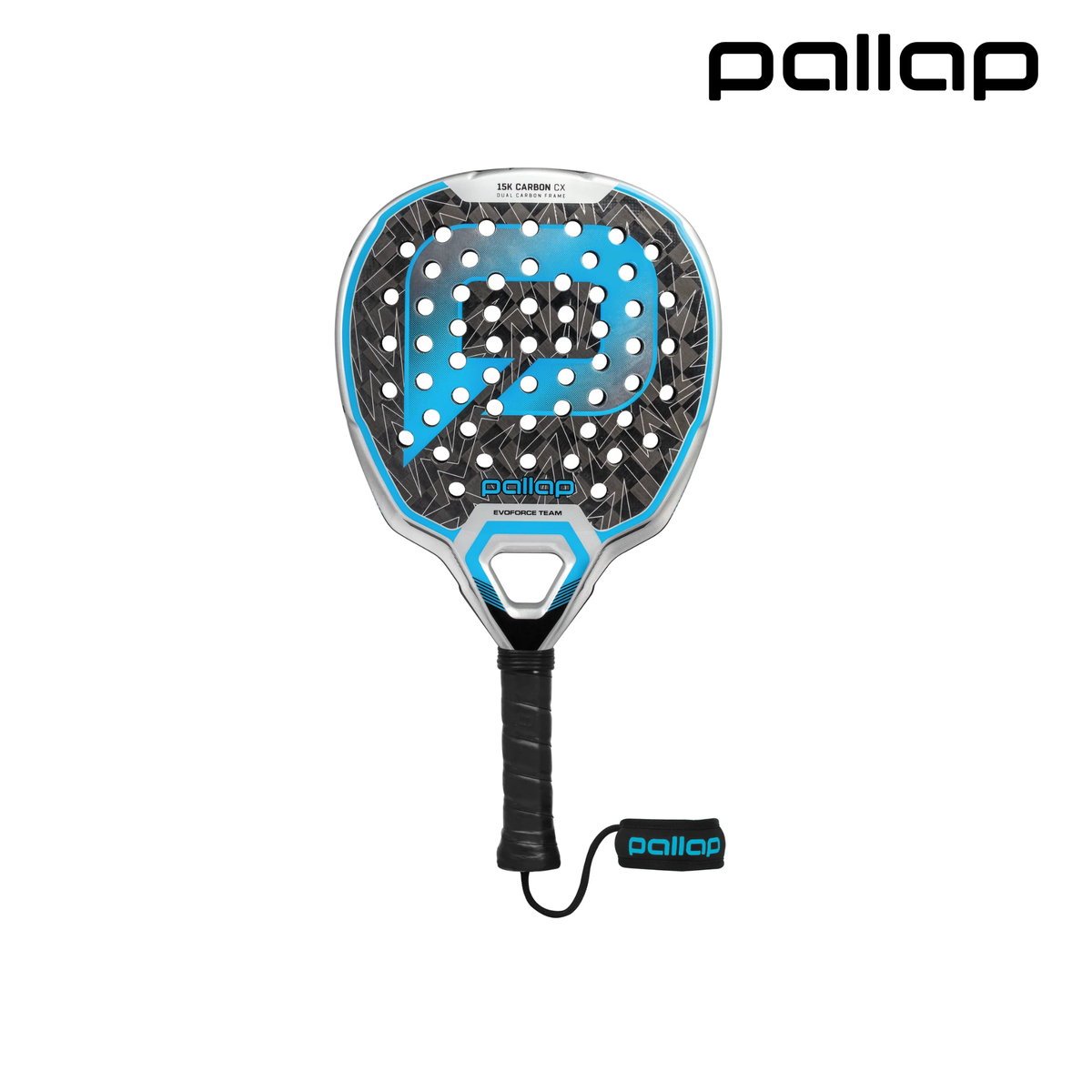 Front view of the Pallap Evoforce Team Silver Blue padel racket with external logo.