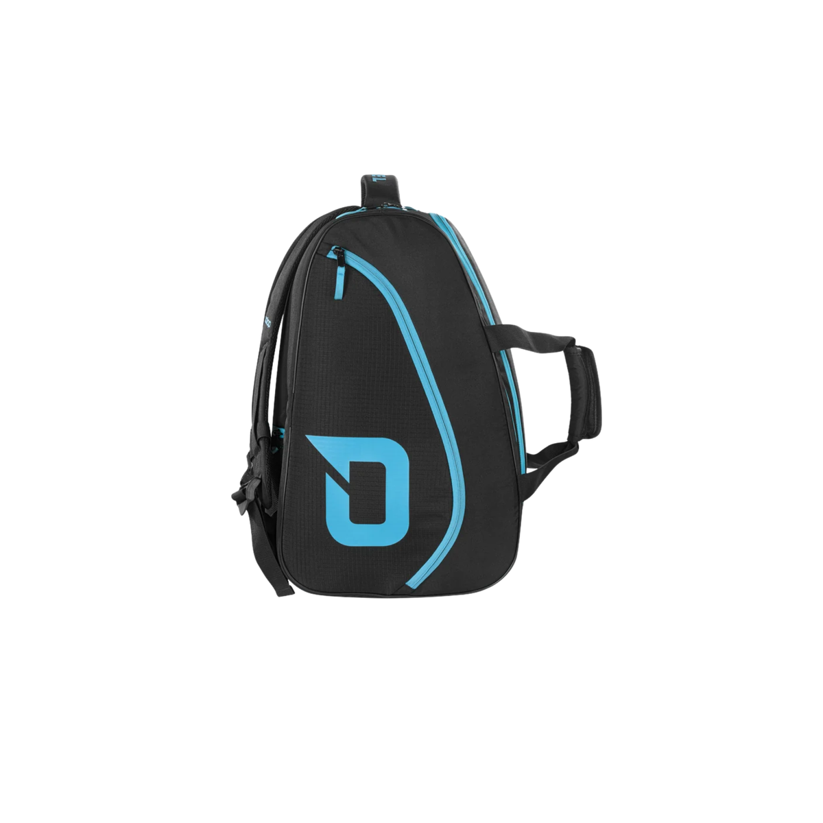 Front angled view of the Pallap Mid Racket Bag in black and cyan blue.