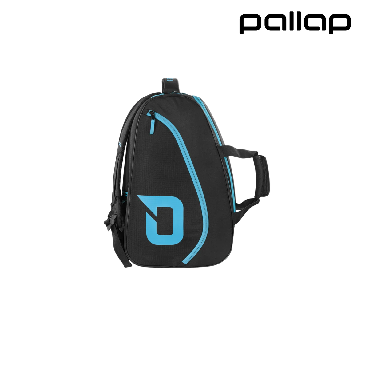 Front angled view of the Pallap Mid Racket Bag in black and cyan blue with external logo.