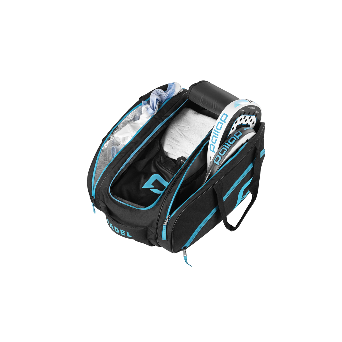 Open view of the Pallap Mid Racket Bag showing padel rackets, clothing and storage compartments.