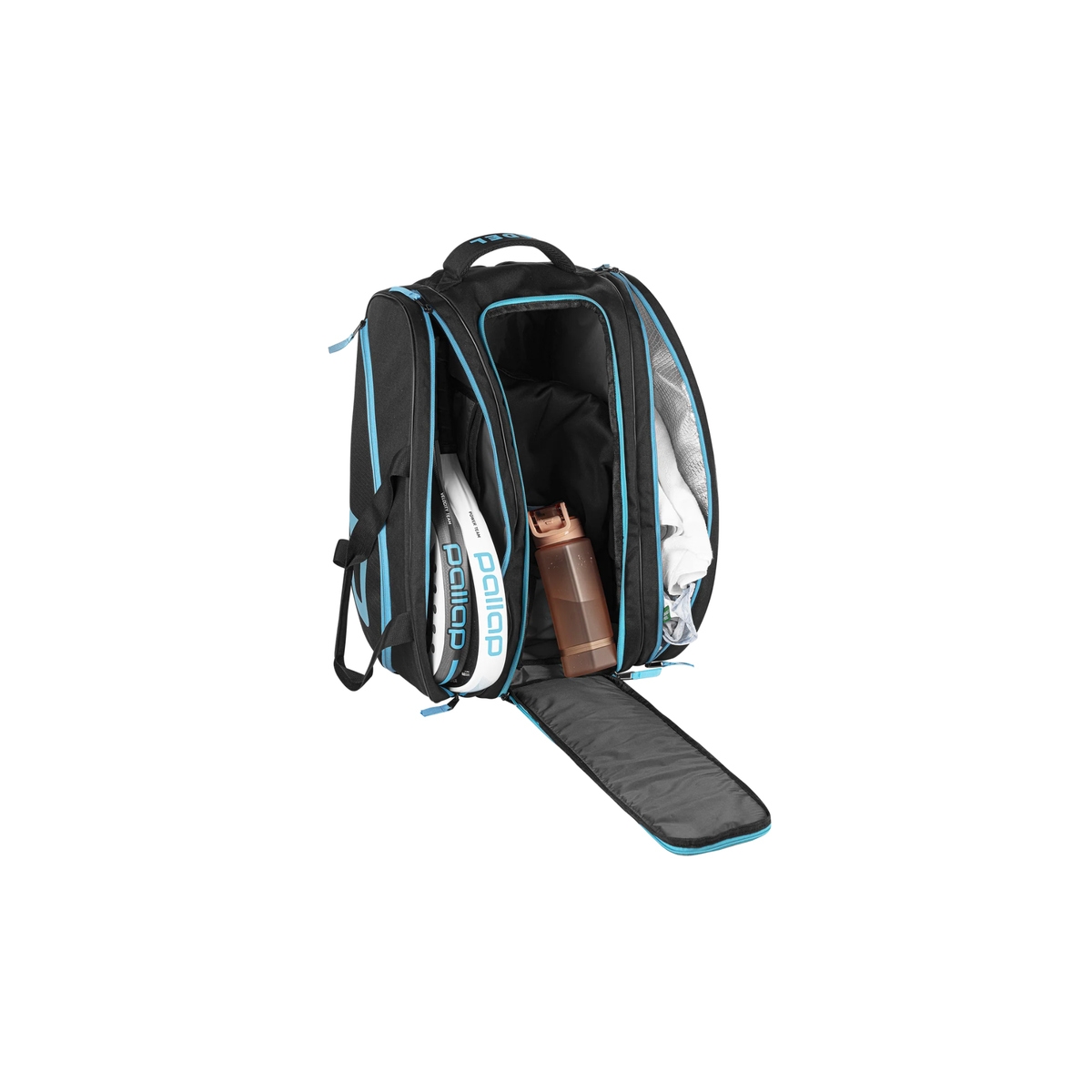 Side view of the Pallap Mid Racket Bag showing the open compartments and storage space.