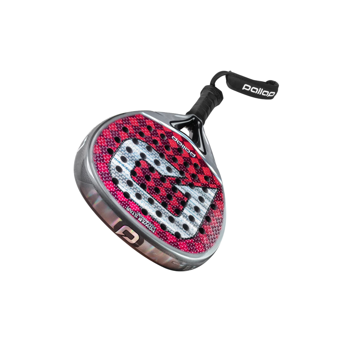 Angled view of the Pallap Power Star Silver Red padel racket showing the racket face and frame.