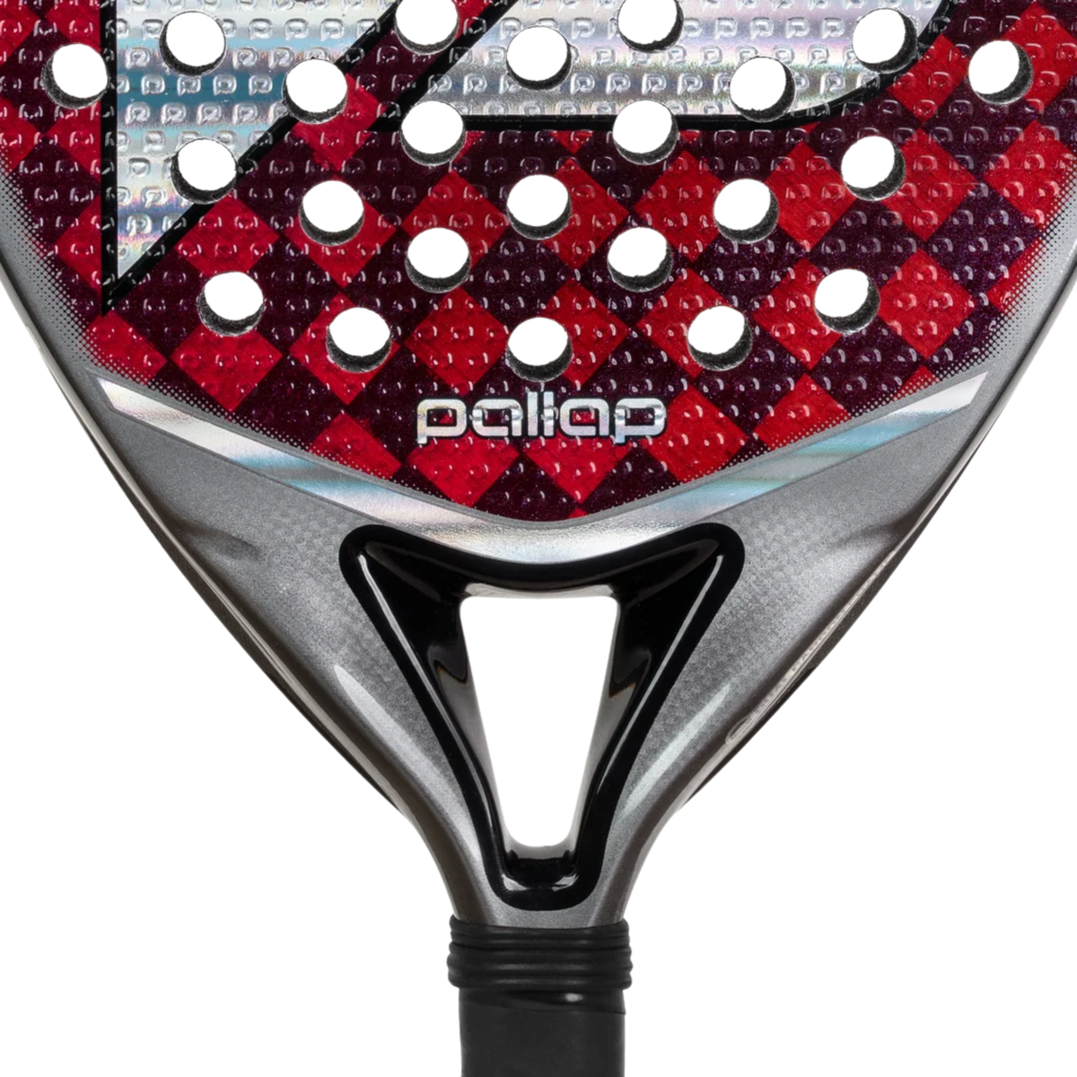Close-up of the Pallap Power Star Silver Red padel racket showing the bridge and lower racket face.