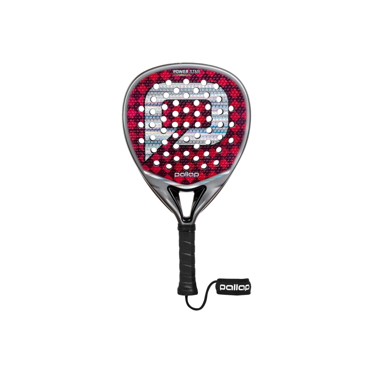 Front view of the Pallap Power Star Silver Red padel racket.