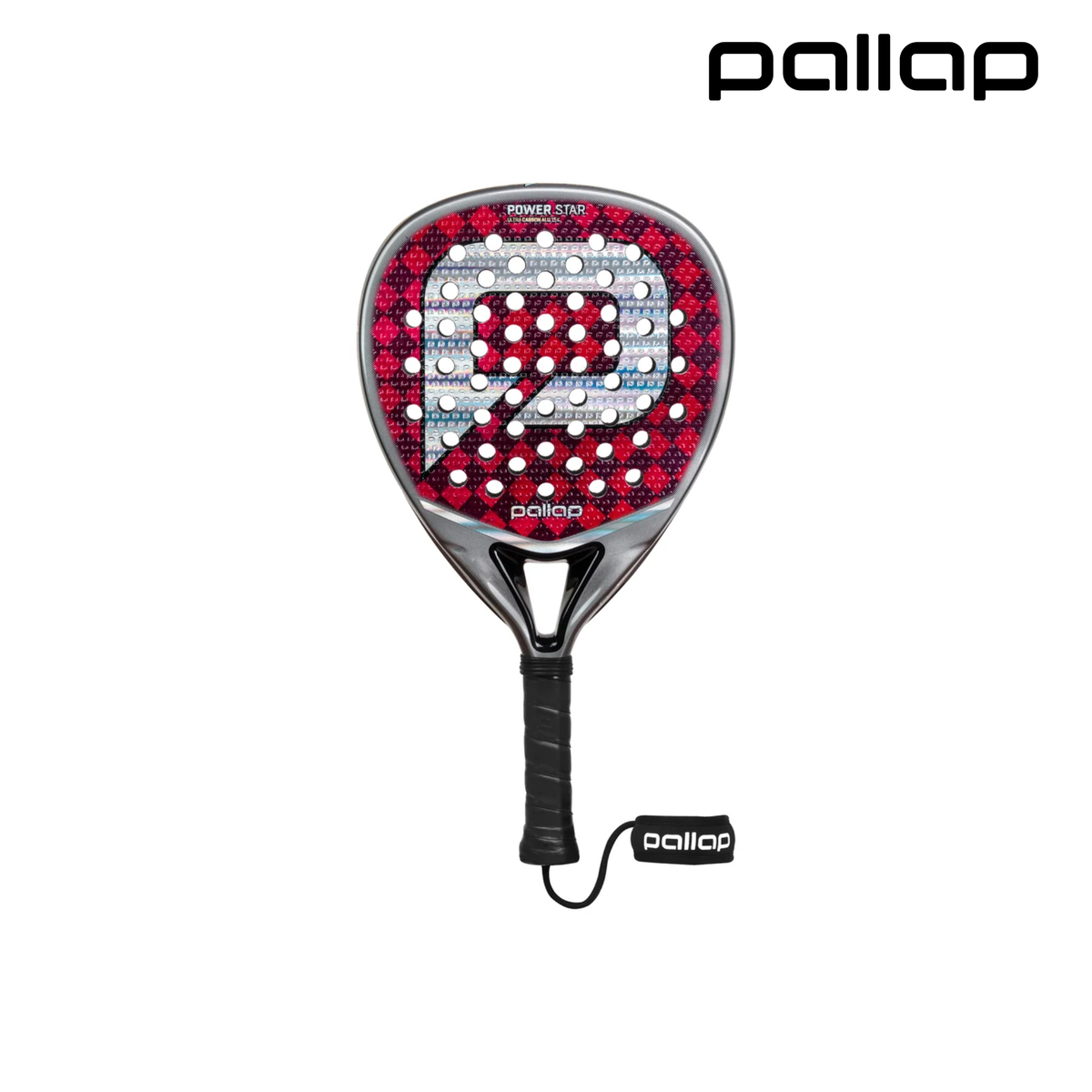 Front view of the Pallap Power Star Silver Red padel racket with external logo.