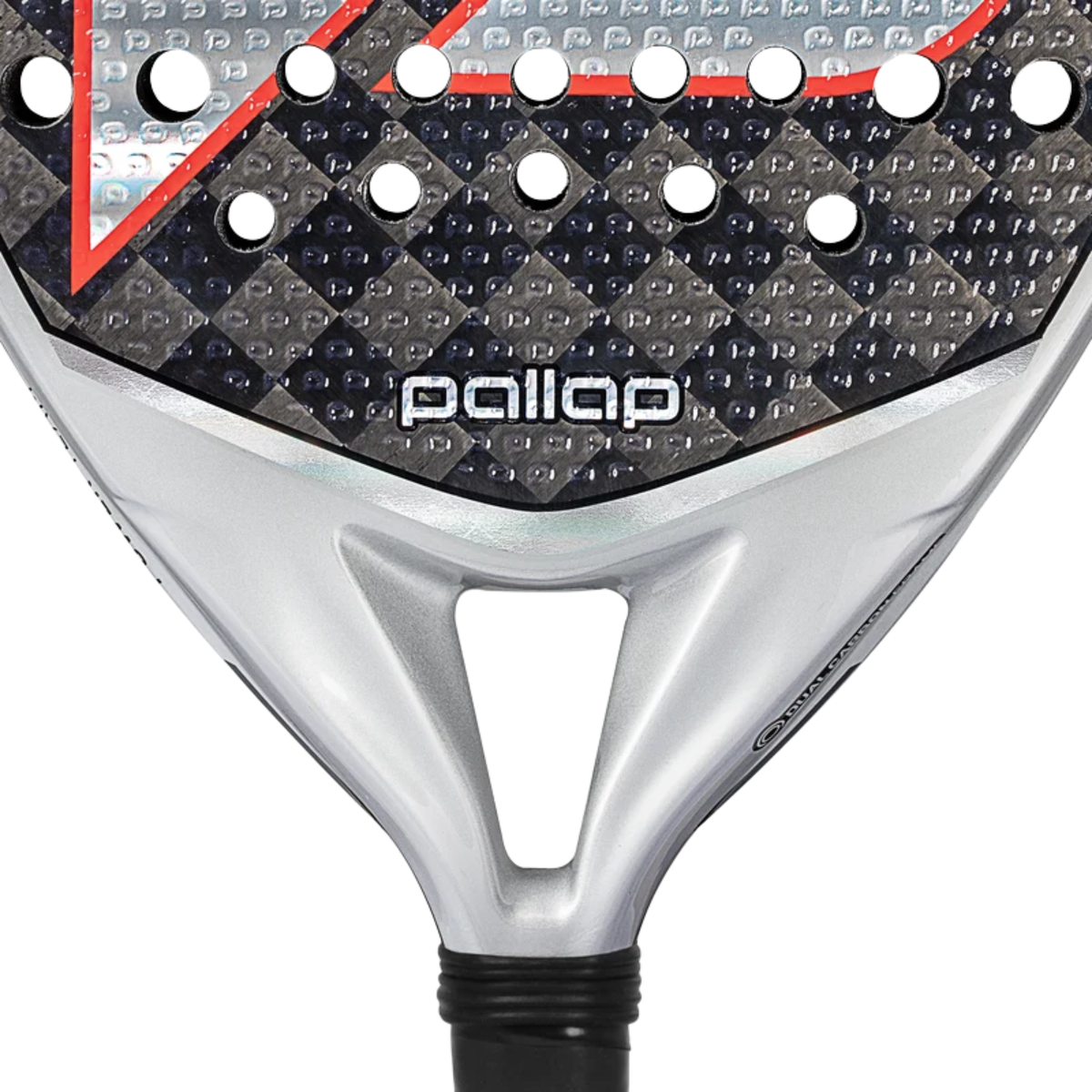 Angled view of the Pallap Power Team 2026 padel racket showing the racket face and frame.