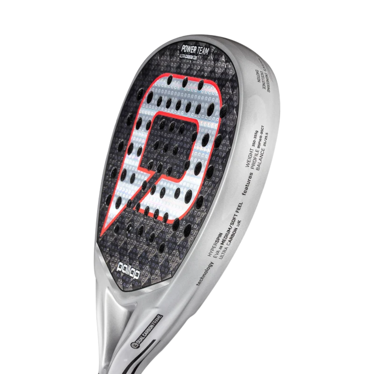 Close-up of the Pallap Power Team 2026 padel racket showing the bridge and lower racket face.