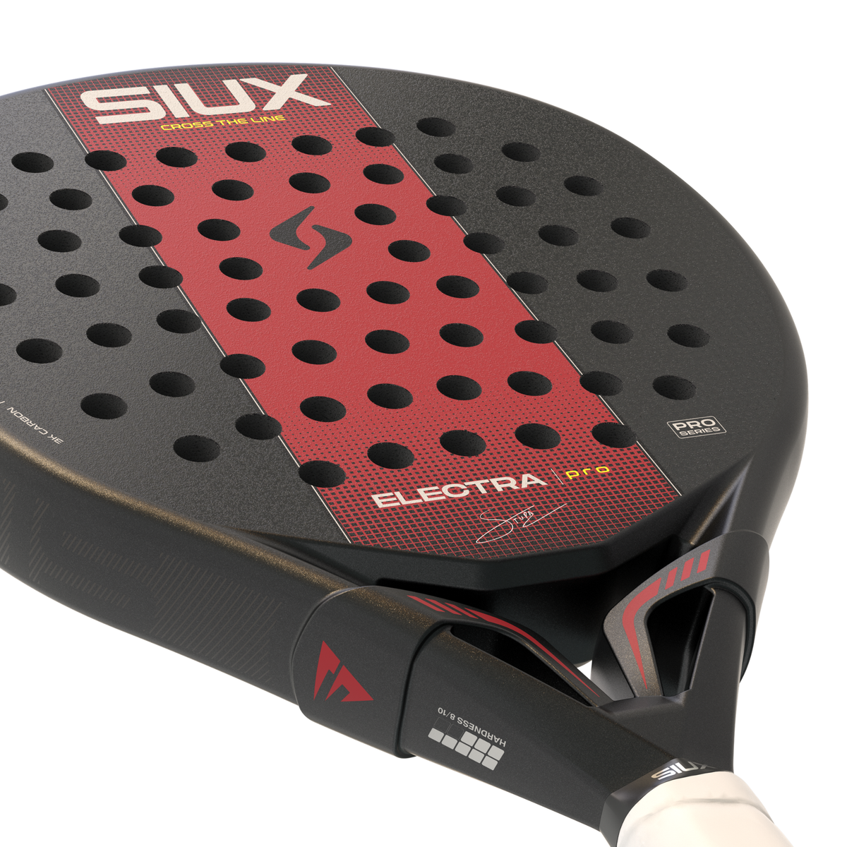 Close-up of the Siux Electra Pro racket face showing the black and red design and textured surface.