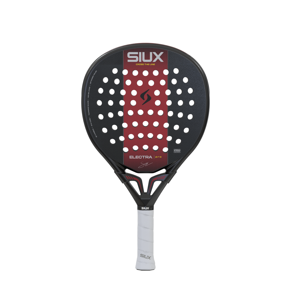 Front view of the black and red Siux Electra Pro padel racket with a white grip.