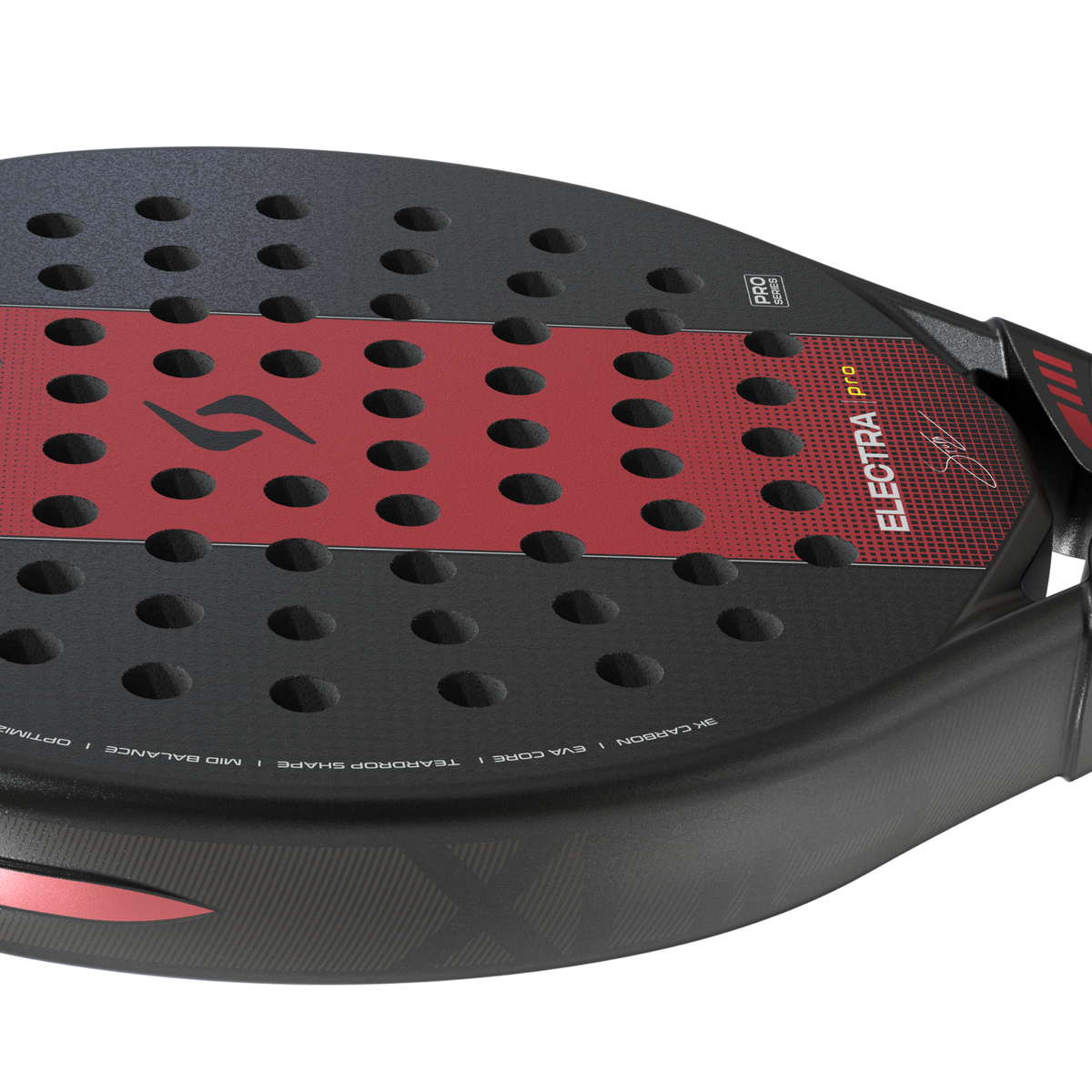 Detailed view of the Siux Electra Pro racket surface showing the perforations and red centre design.