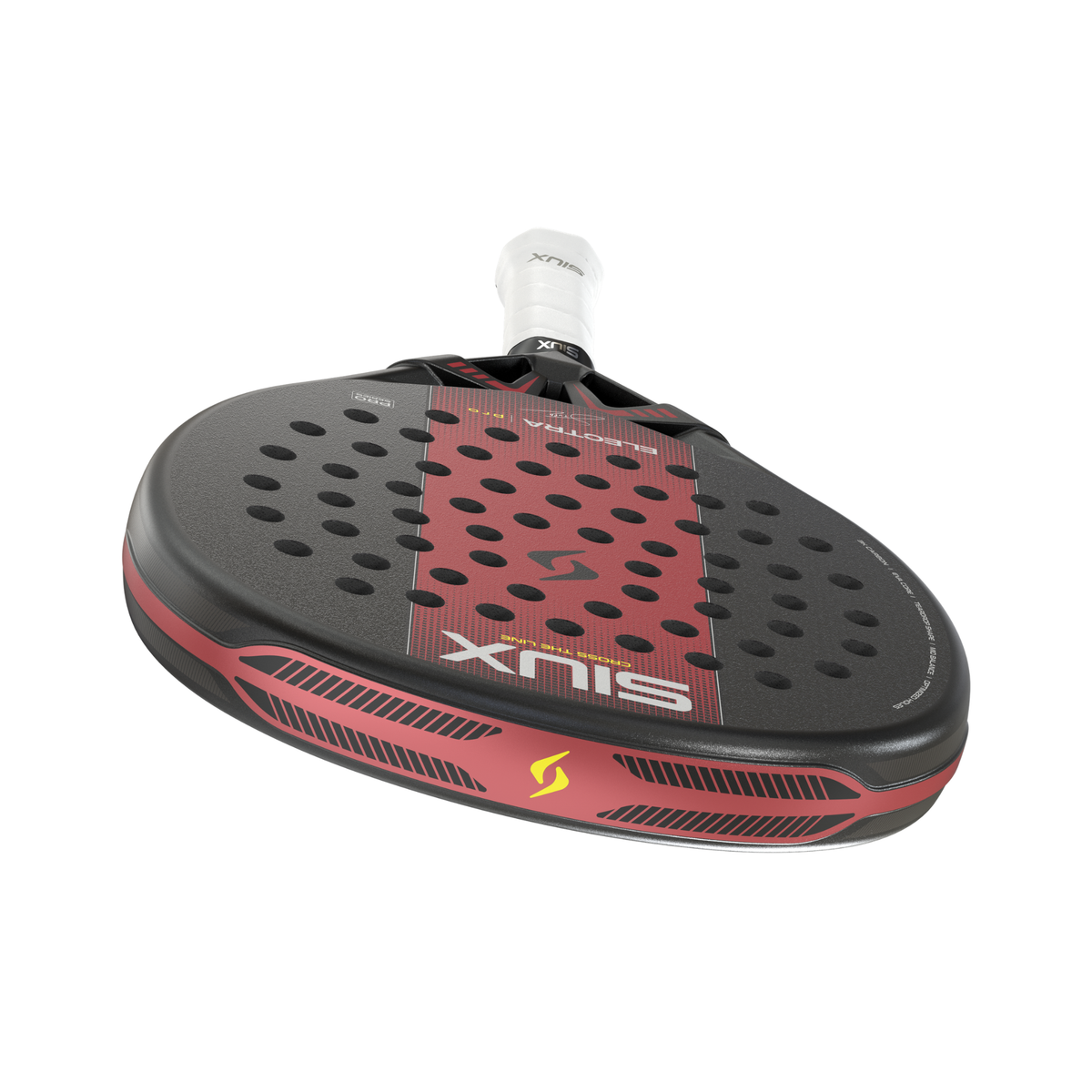 Top angled view of the Siux Electra Pro padel racket showing the red frame design.