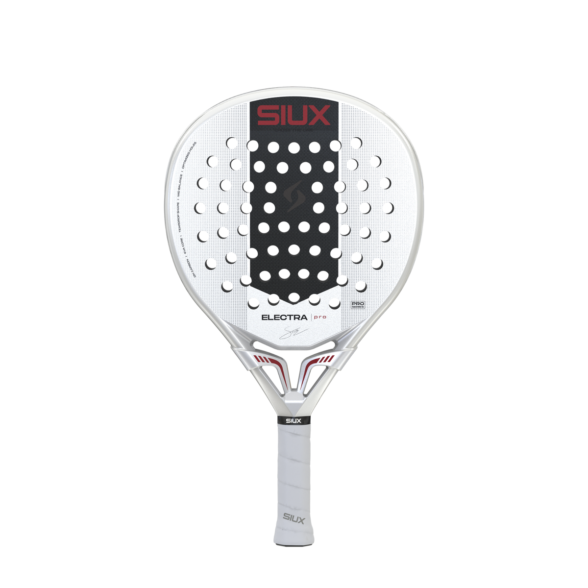 Front view of the Siux Electra Pro White Snow padel racket in white, black and red.