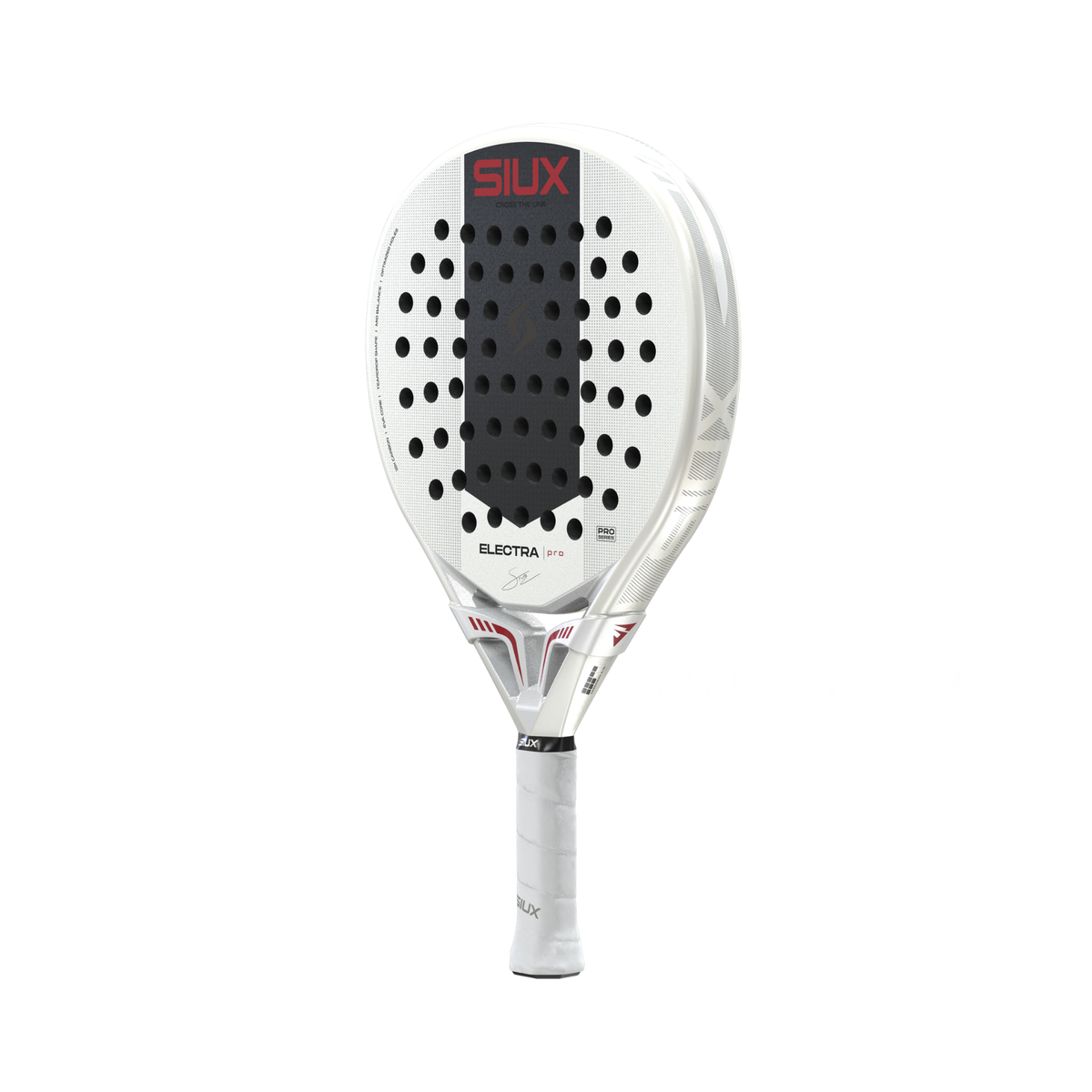 Full angled view of the Siux Electra Pro White Snow padel racket showing the white frame, black racket face and grip.