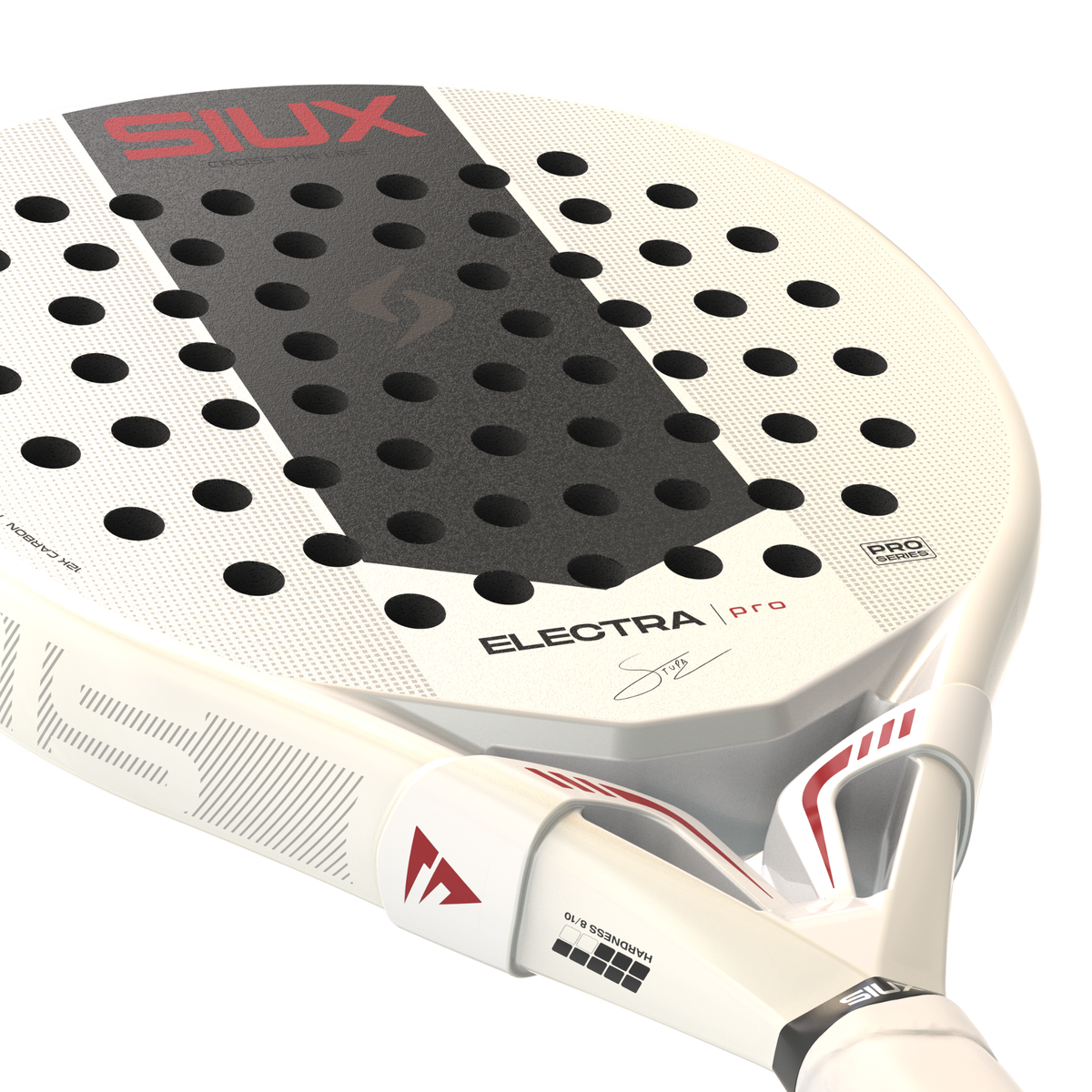 Close-up of the Siux Electra Pro White Snow racket face showing the textured surface and perforation pattern.