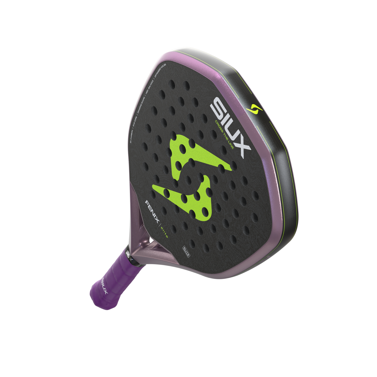 Alternative angled view of the Siux Fenix Elite padel racket showing the black face, purple frame and lime green design.