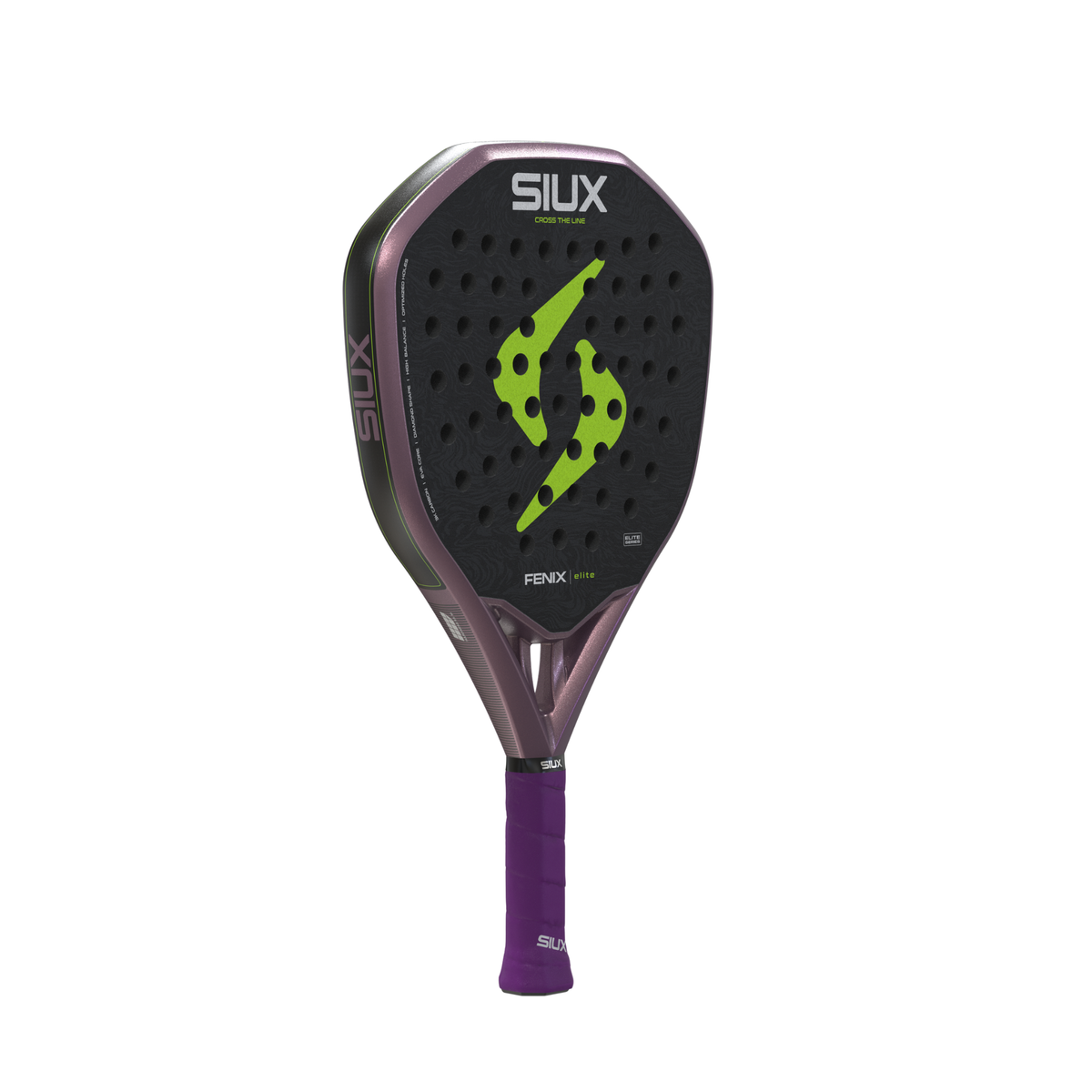Angled front view of the Siux Fenix Elite padel racket showing the racket face, frame and purple grip.
