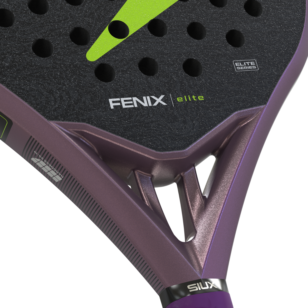Close-up of the Siux Fenix Elite padel racket showing the purple bridge construction and Fenix Elite branding.