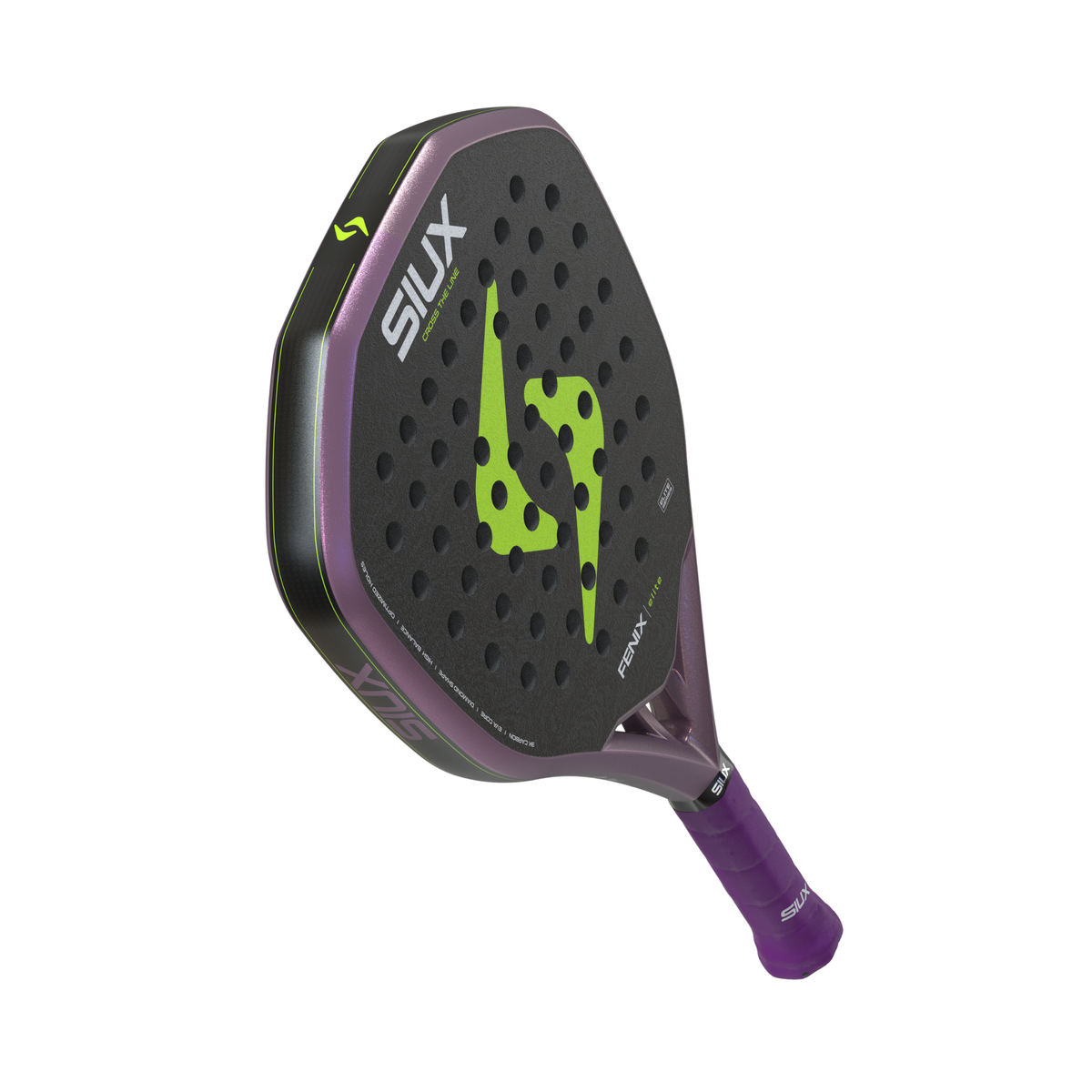 Diagonal view of the Siux Fenix Elite padel racket highlighting the frame thickness, racket face and purple grip.