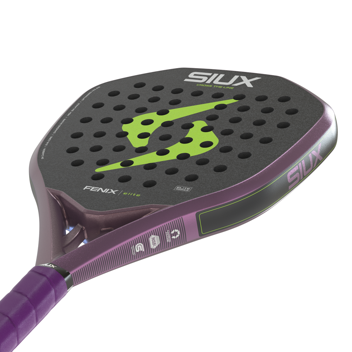 Close-up angled view of the Siux Fenix Elite padel racket highlighting the frame, racket face and Siux branding.