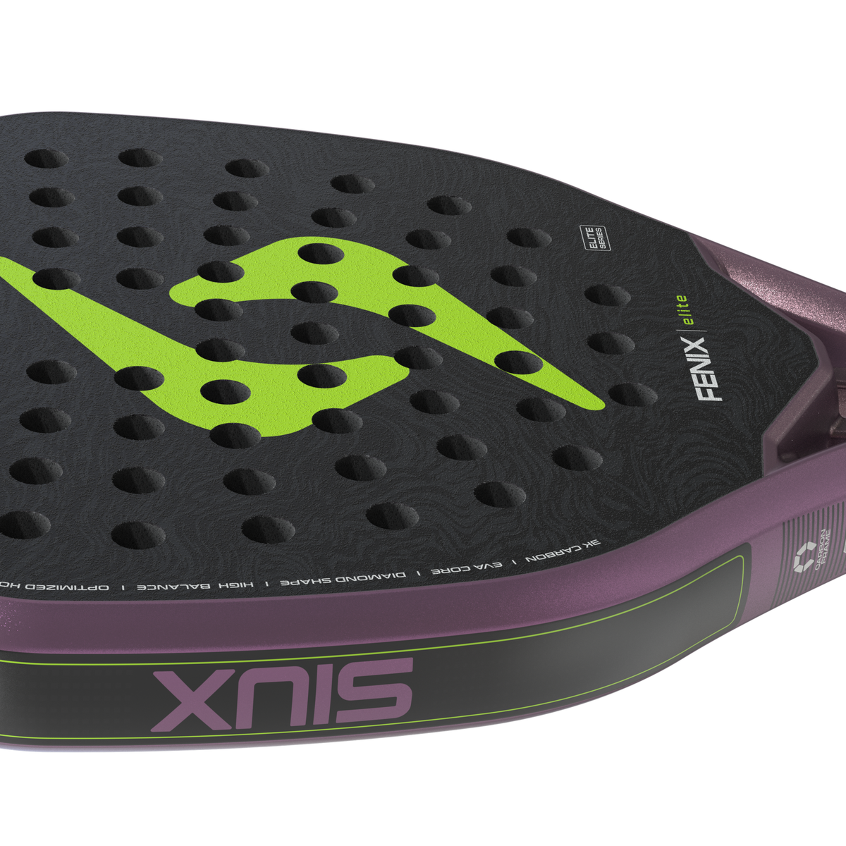 Close-up of the Siux Fenix Elite padel racket showing the black frame, purple edges and racket face details.
