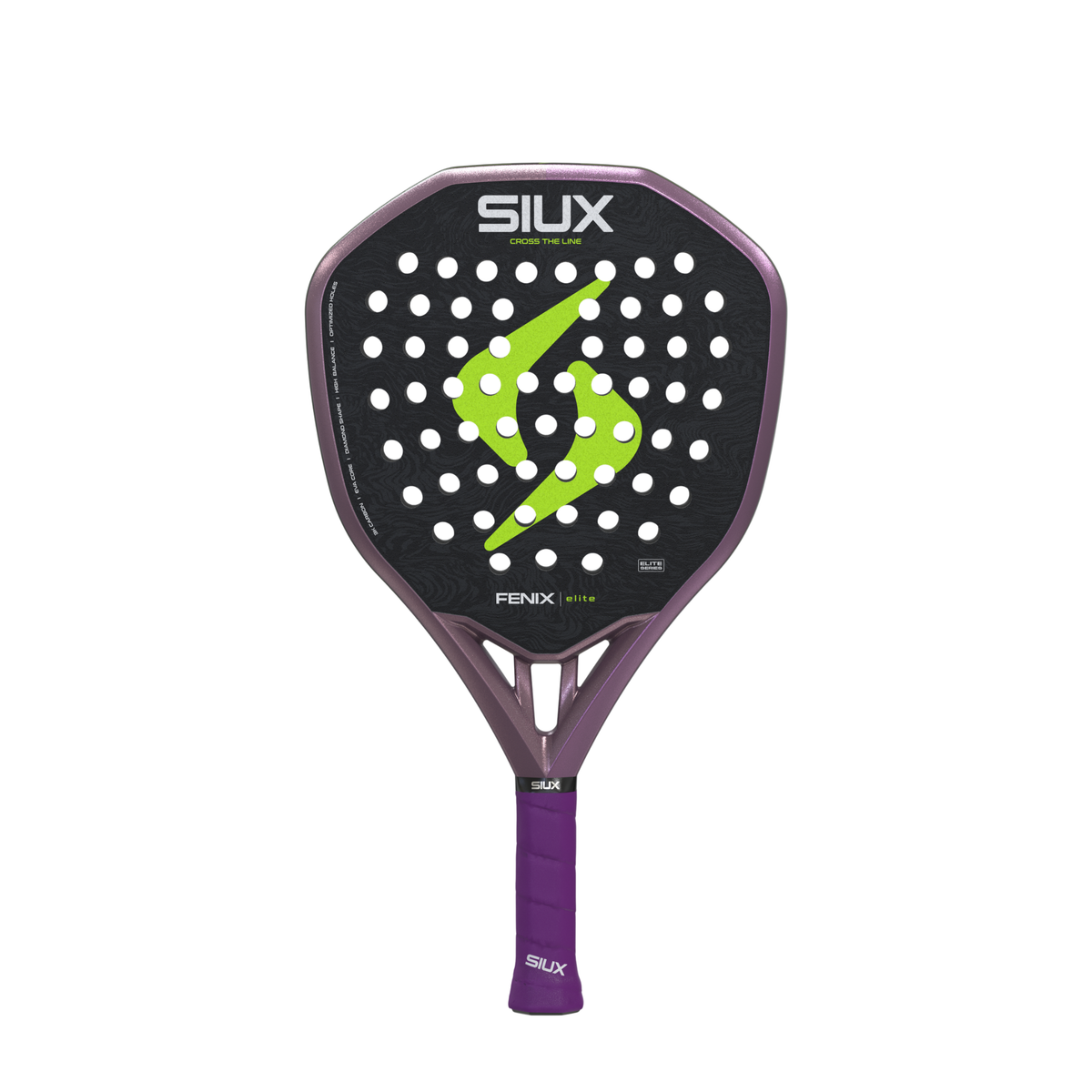 Front view of the Siux Fenix Elite padel racket featuring a black surface, lime green design and purple grip.