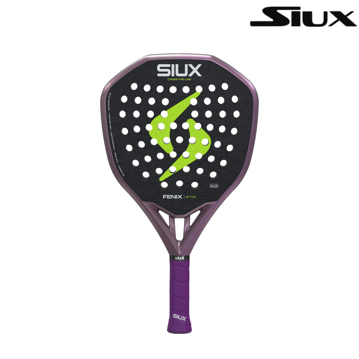 Front view of the Siux Fenix Elite padel racket with Siux branding, black racket face, lime green details and purple frame.