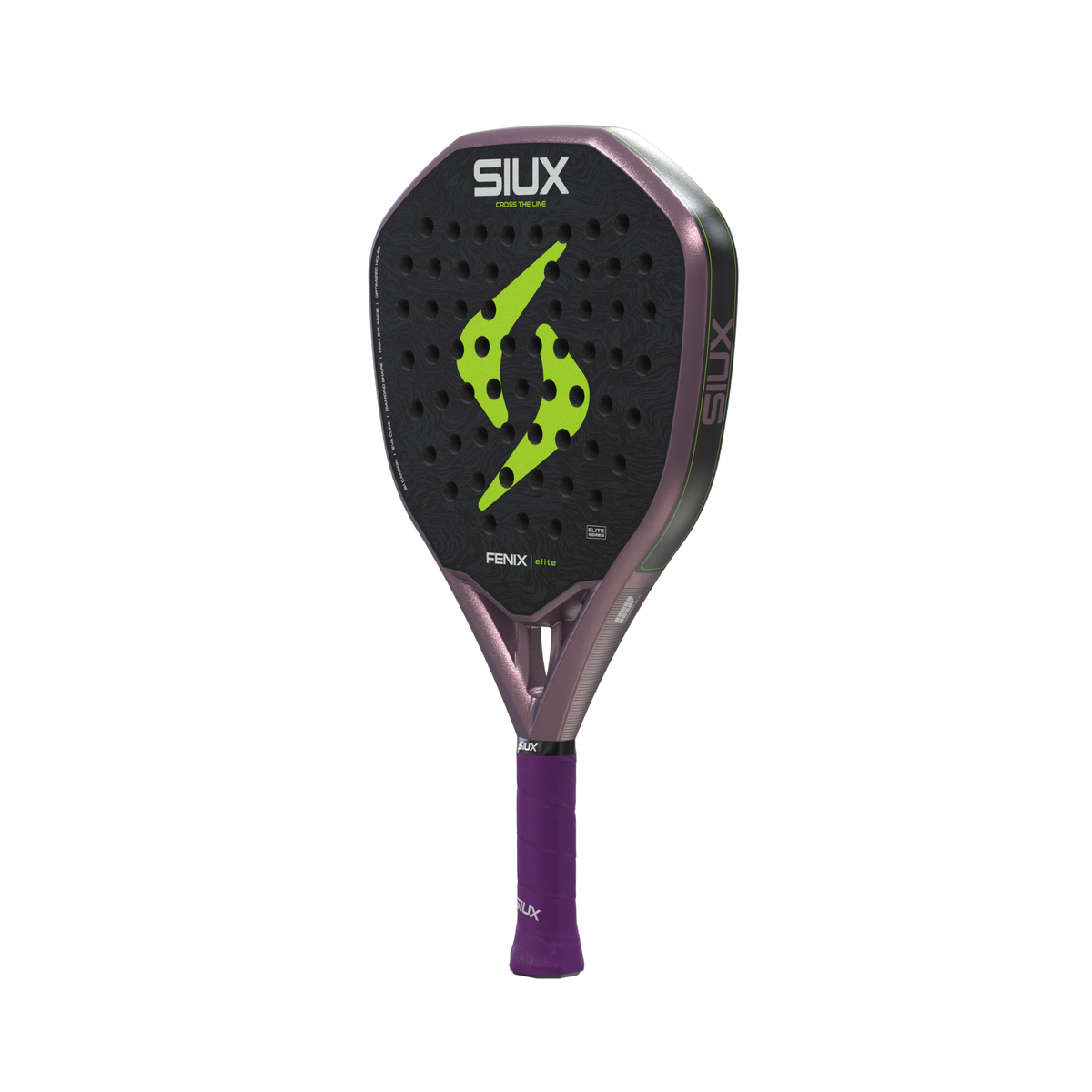 Full angled view of the Siux Fenix Elite padel racket showing its black face, purple frame and matching grip.